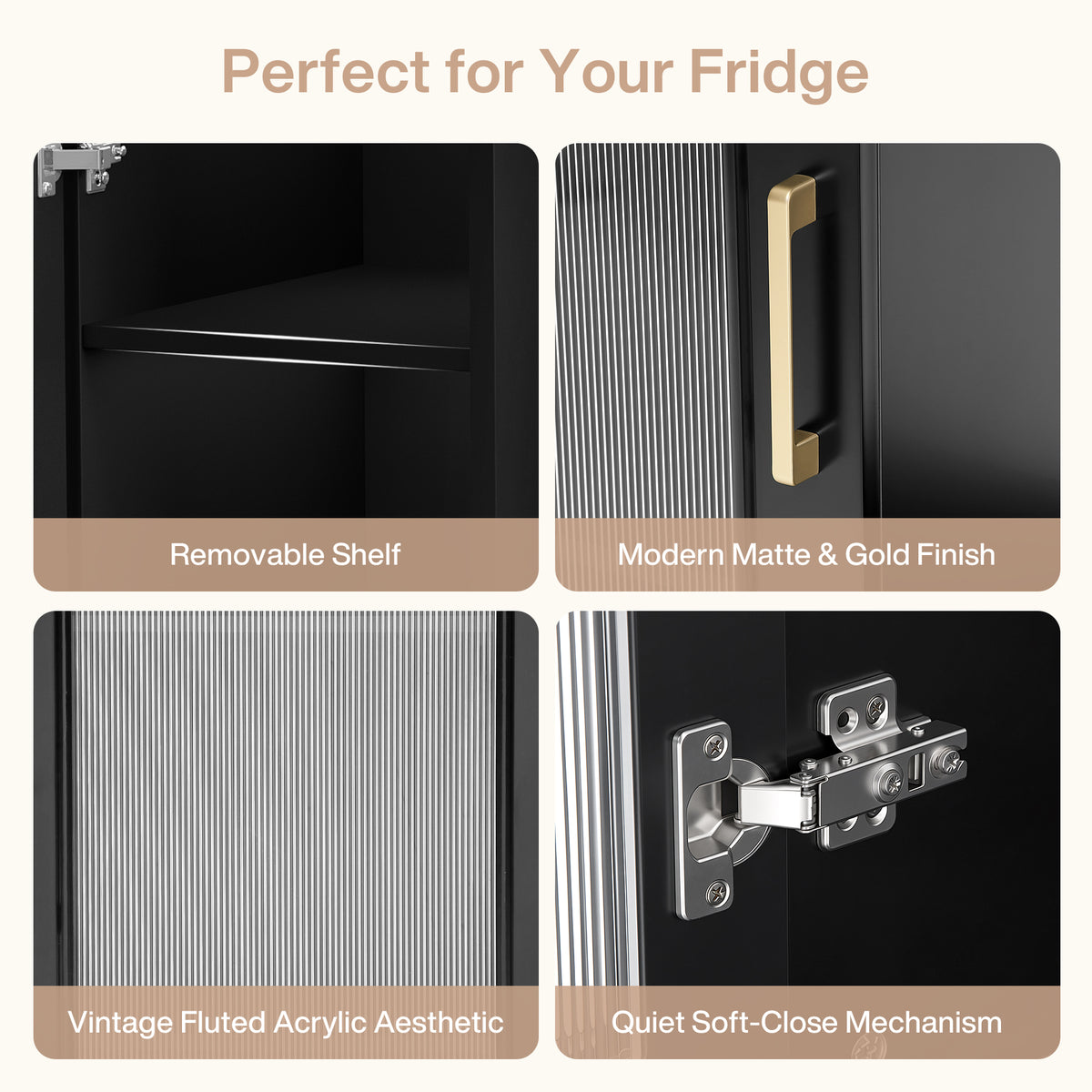 53" Coffee Bar Cabinet with Mini Fridge Space & LED Lights, Fluted Acrylic Door
