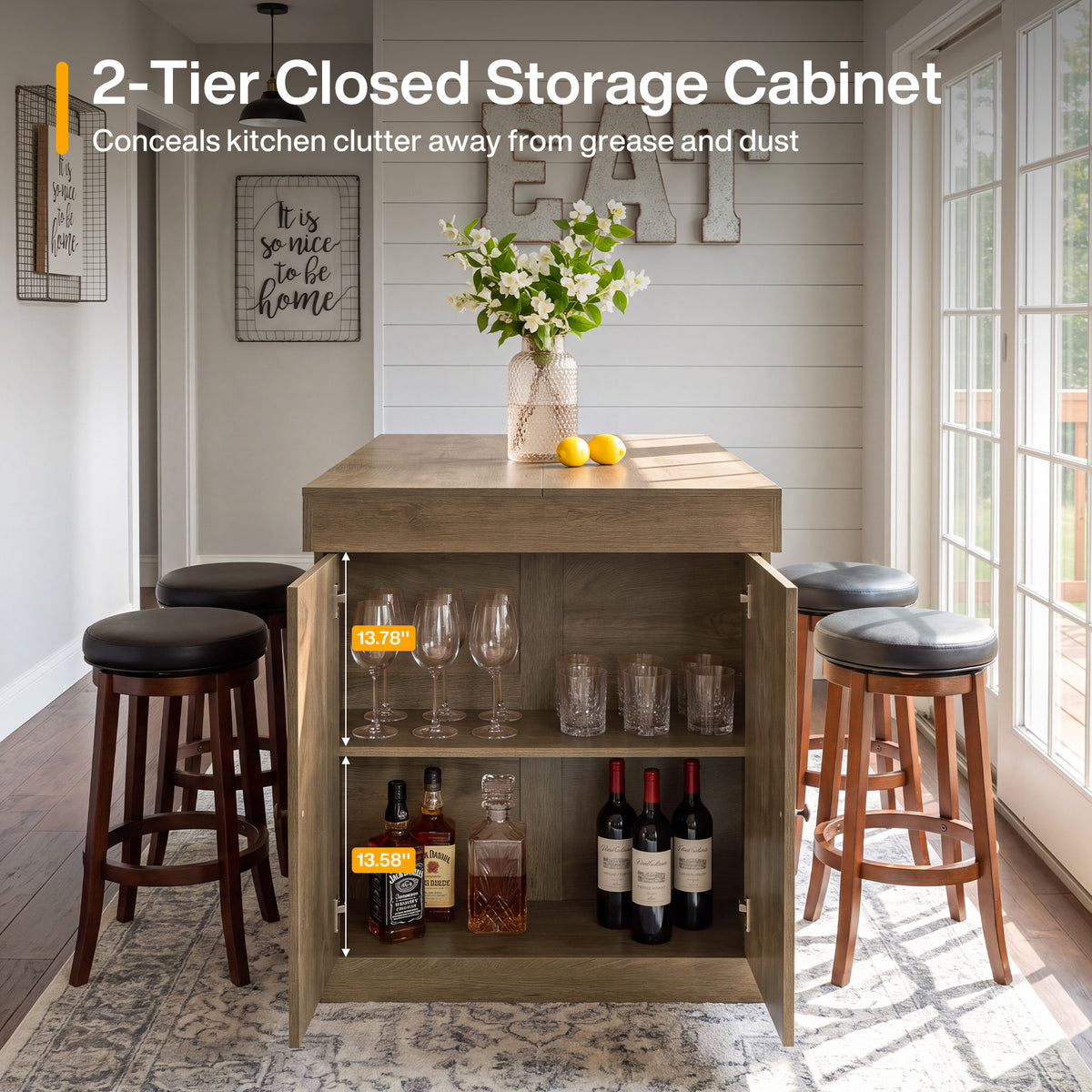 63" Bar Table with Storage, 3-Tier Counter Height Pub Table with Shelf & Cabinet