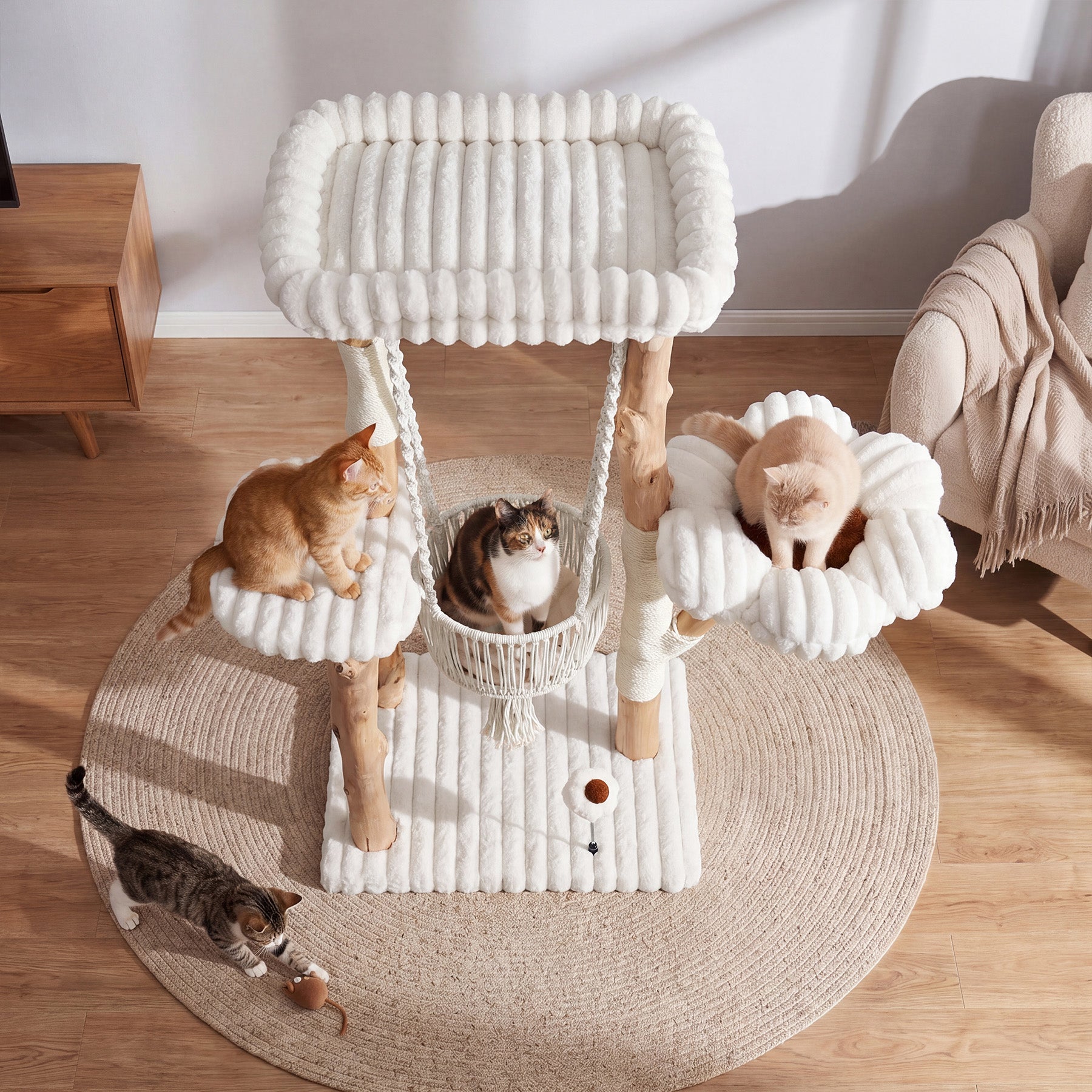 51" Solid Wood Cat Tree with Scratching Posts, Cat Tower with Swinging Basket, Washable Cushion, Dangling Toy