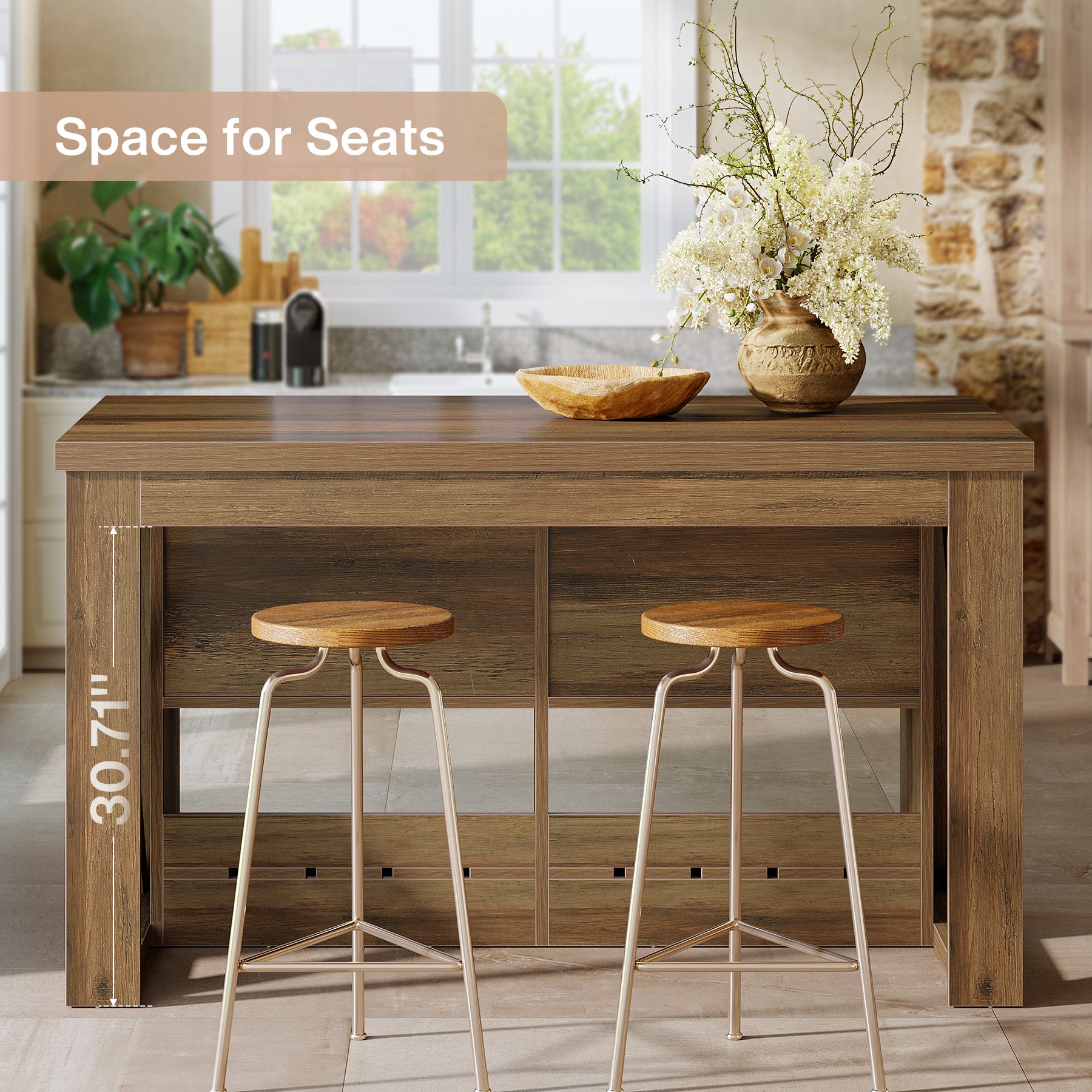 55" Kitchen Island, Wooden Bar Table with 2 Drawers and Open Shelf