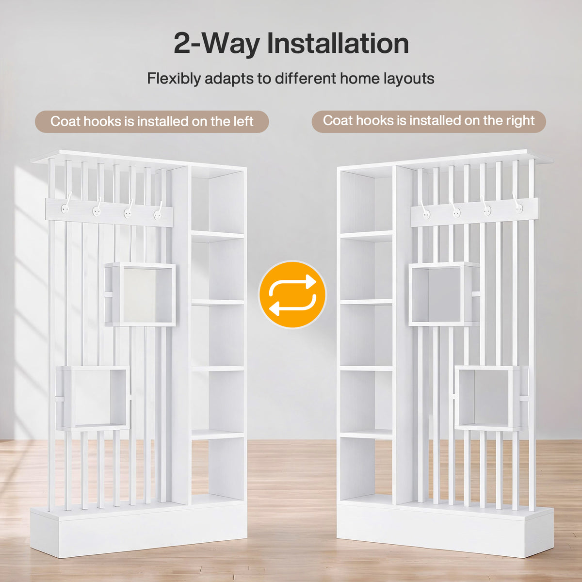 71" Room Divider with Shelves, Modern Wall Partition with Coat Hooks & Open Display Shelf