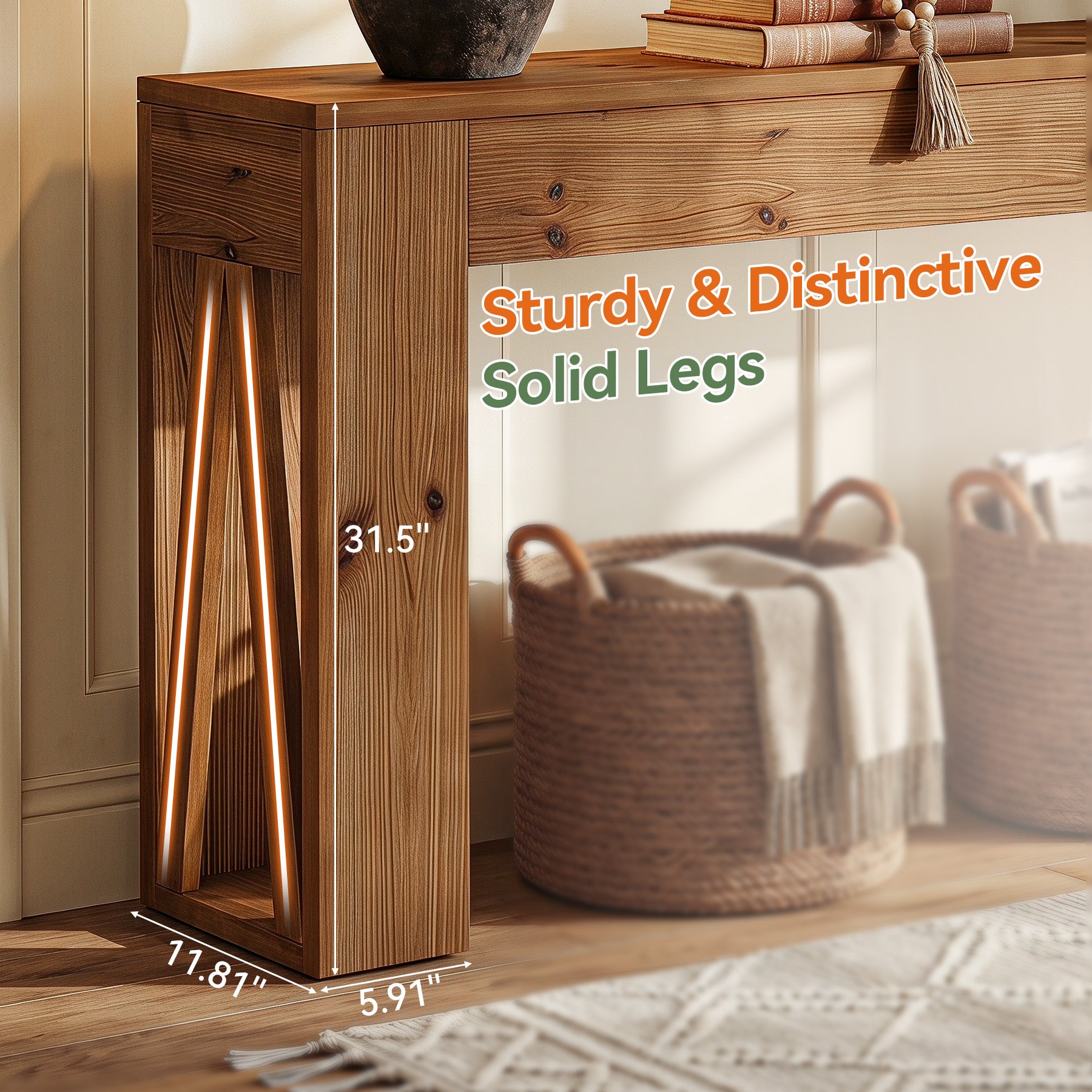 63" Solid Wood Console Table, Narrow Rectangle Entryway Sofa Table for Hallway
