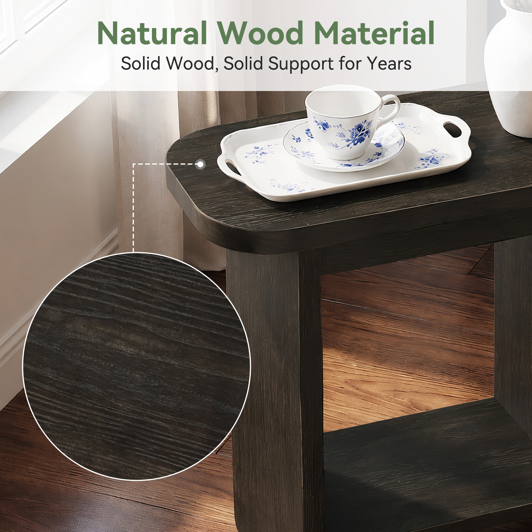Solid Wood End Table, H-Shaped 2-Tier Side Table with Storage Shelf