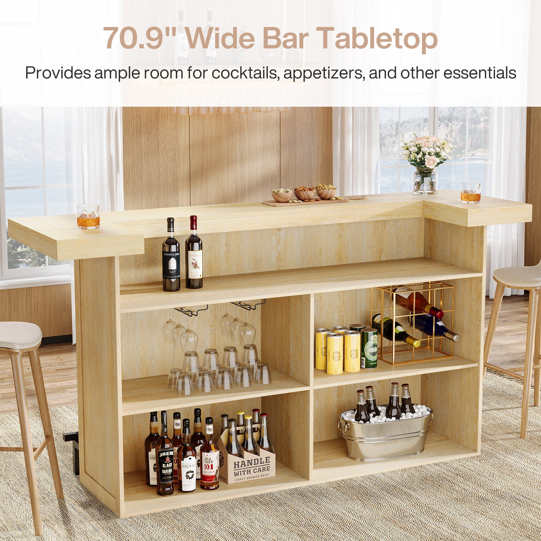 70.9" Bar Table, Modern Liquor Cabinet with 4-Tier Storage Shelves