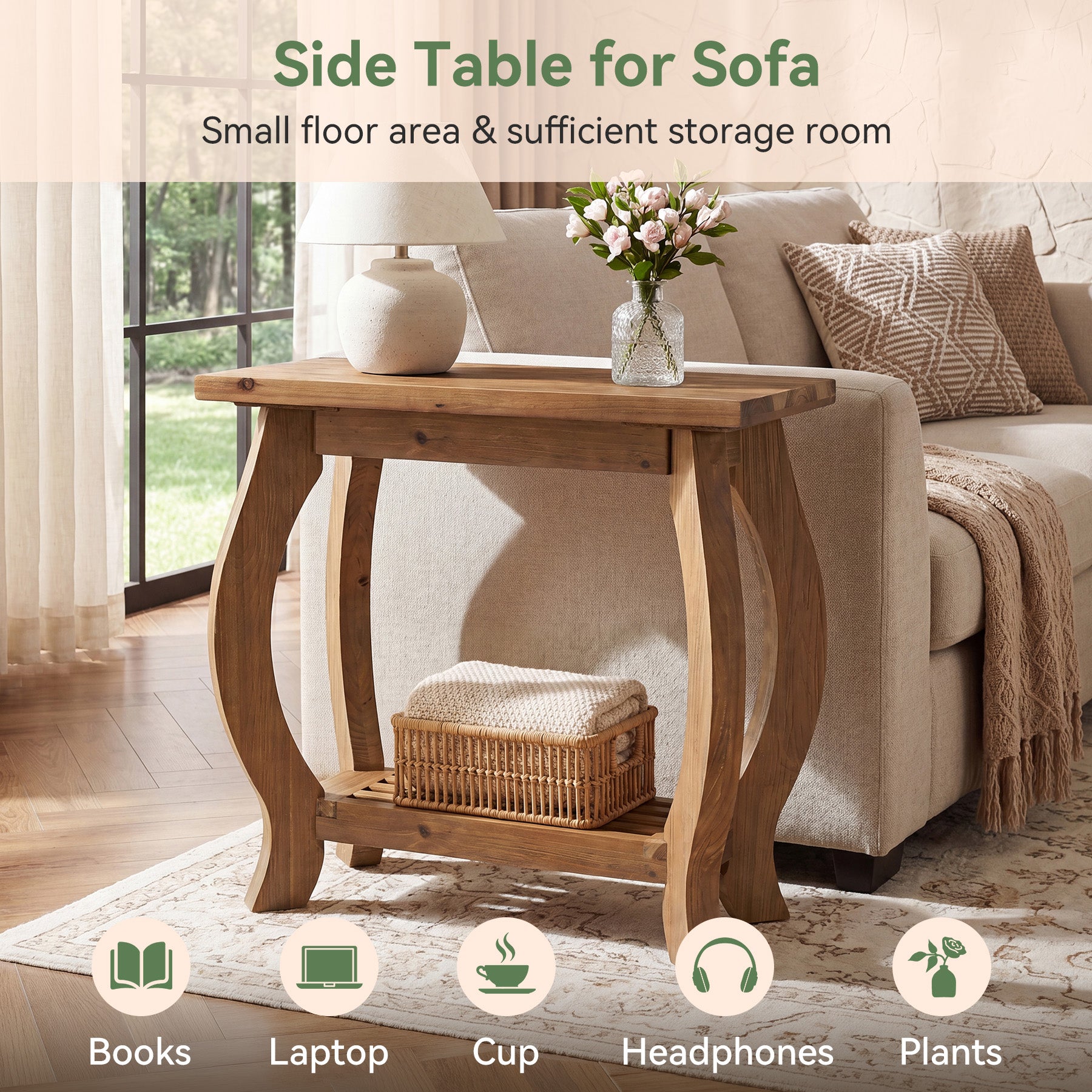 2-Tier Solid Wood End Table, Narrow Side Table with Shelf & Curved Legs for Small Spaces