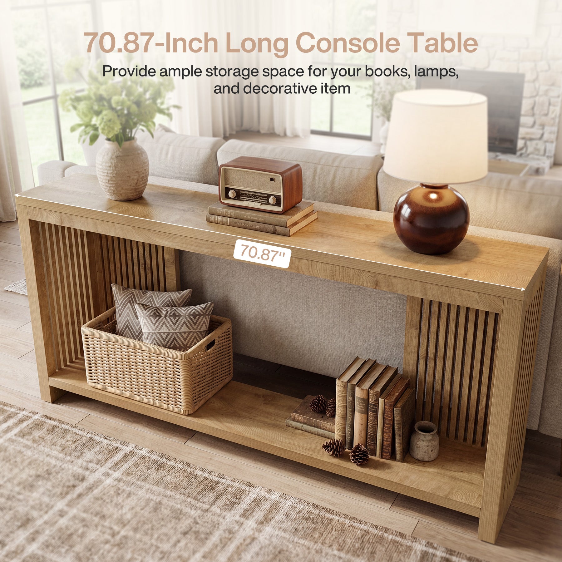 71" Farmhouse Console Table with Storage Shelf, Long Narrow Sofa Table for Entryway & Hallway