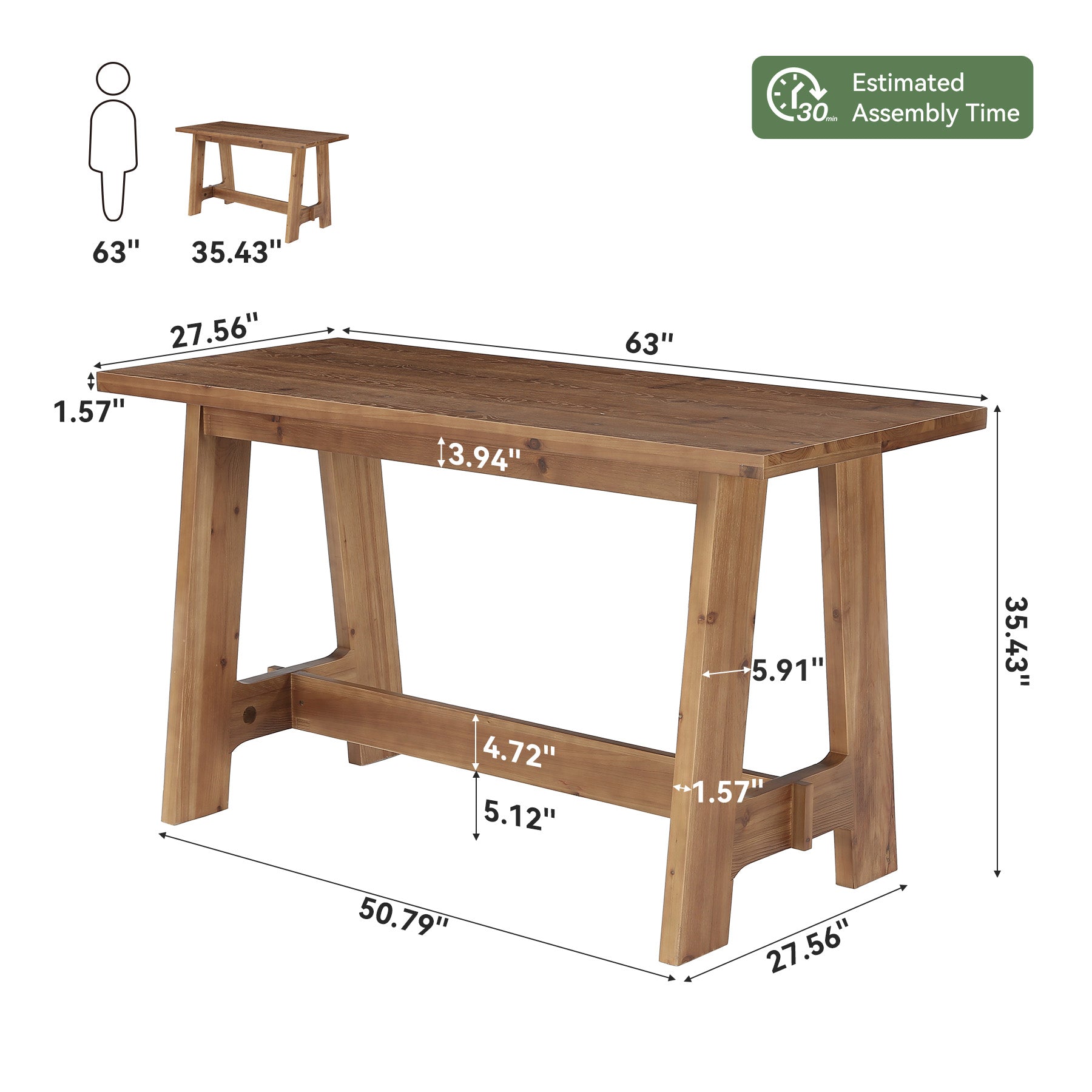 63" Solid Wood Bar Table, Rectangular Farmhouse Dining  Pub Table with A-Frame