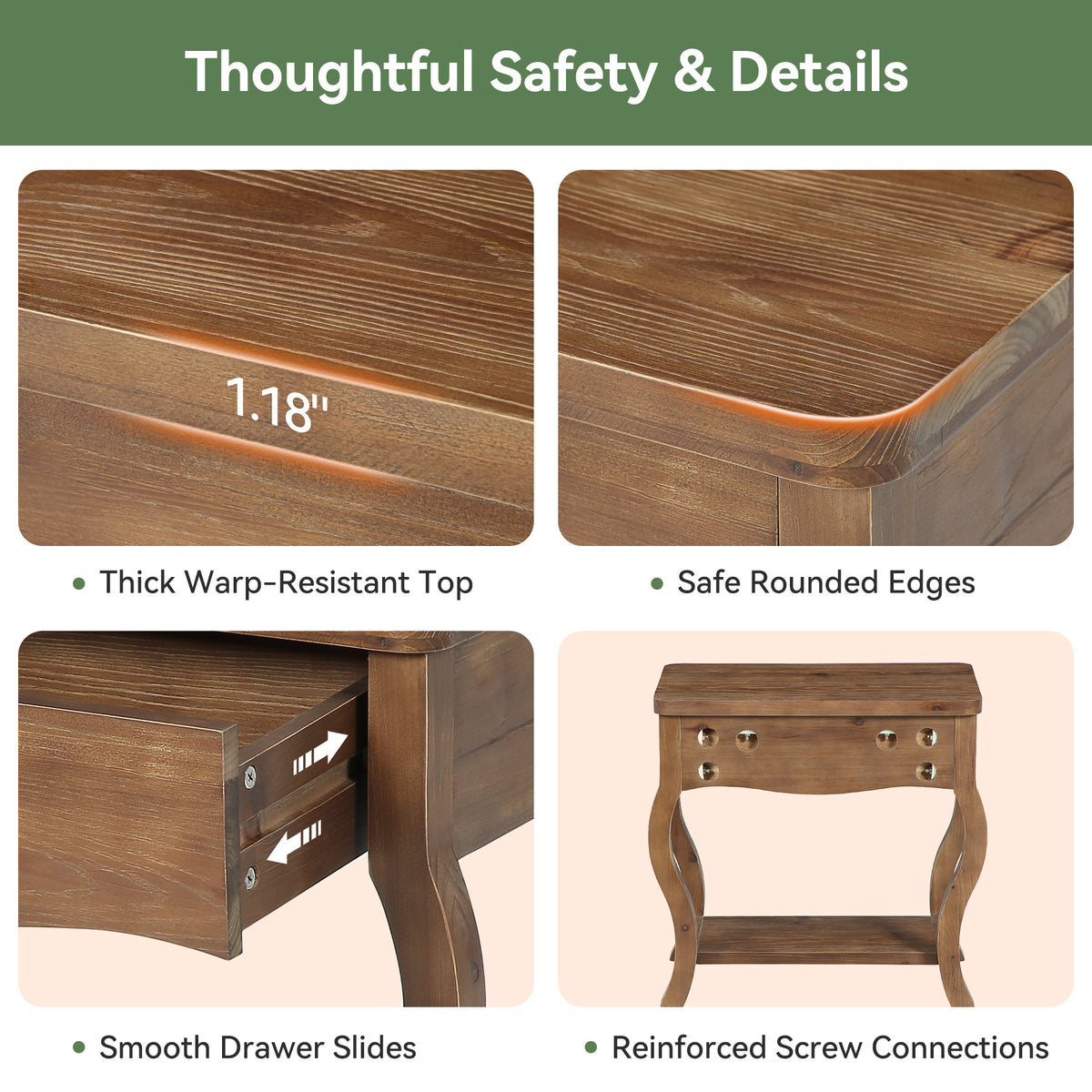 Rustic Solid Wood End Table with Drawer, 24"W Tall Side Table, Living Room