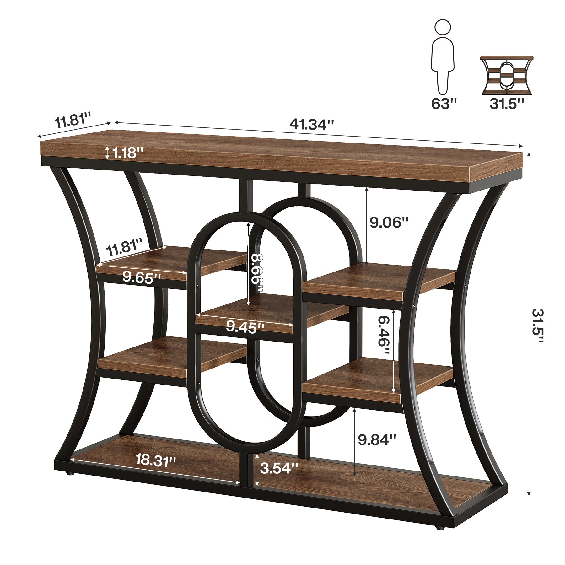 41.3" Industrial Console Table with 5-Tier Shelves, Narrow Entryway Sofa Table for Small Spaces