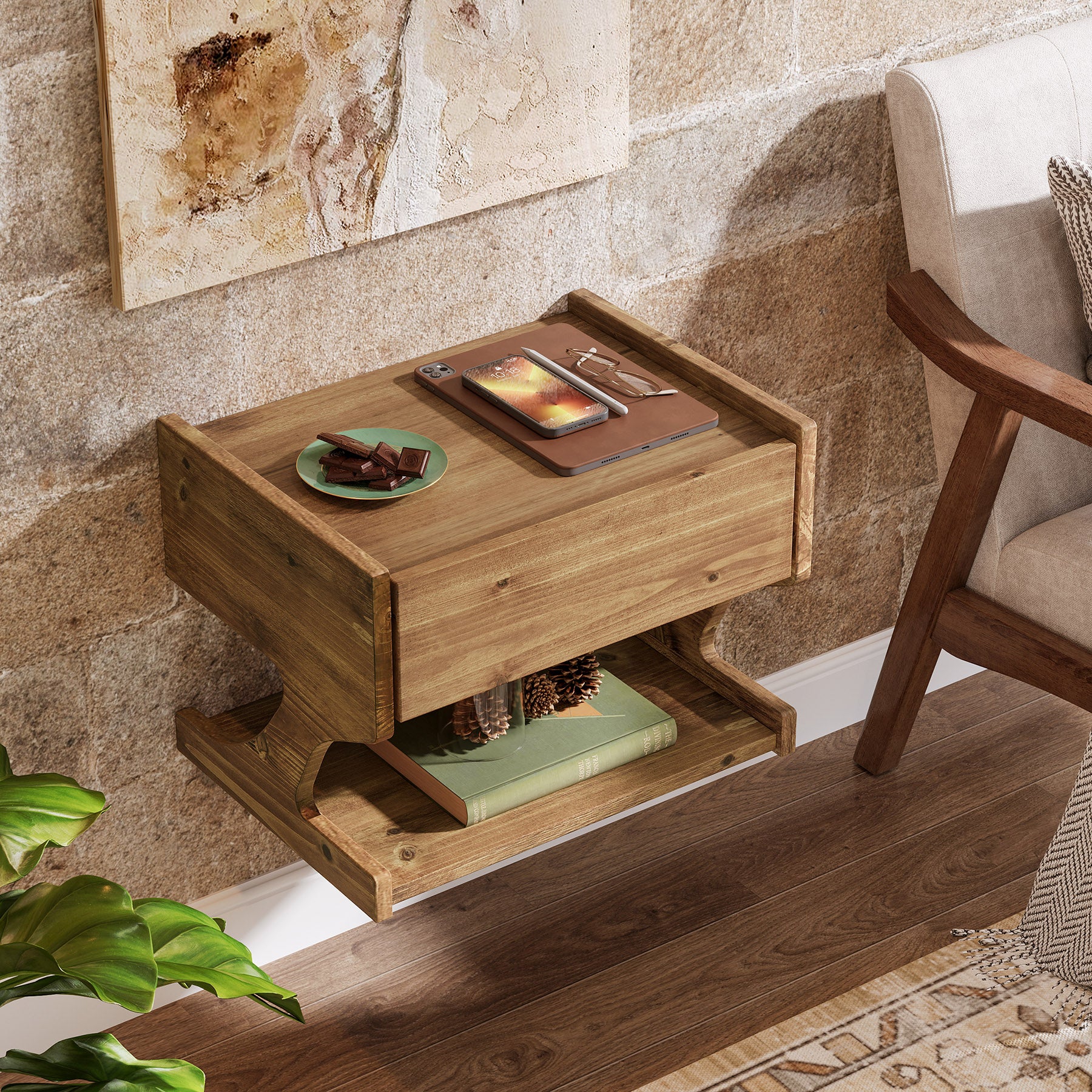 15.7" Nightstand, Wood Floating Bedside Table with Drawer and Storage Shelf