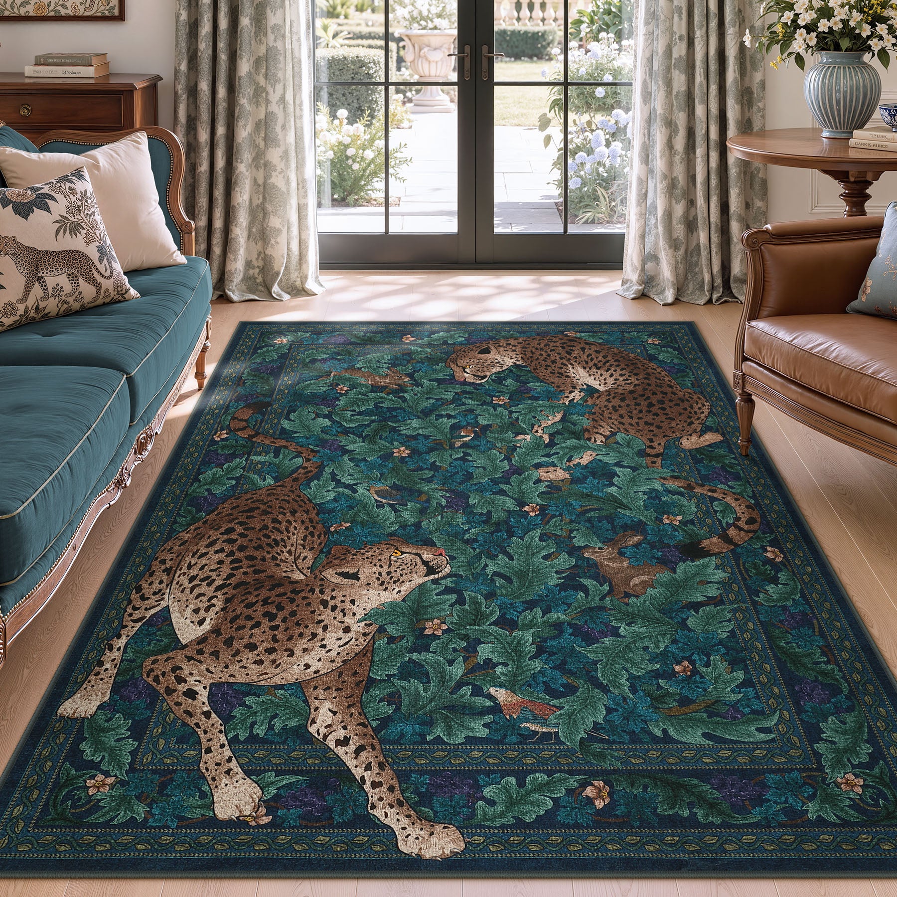 Morris Jungle Leopard Print Rug, Non Slip Washable Area Rug for Living Room, Bedroom