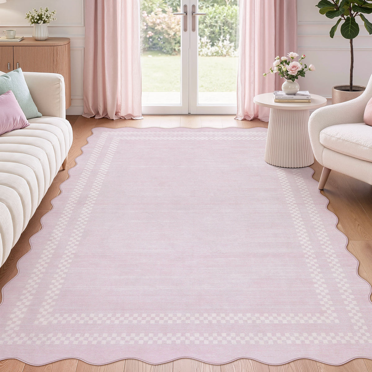 Scalloped Washable Area Rugs#Color_Pink