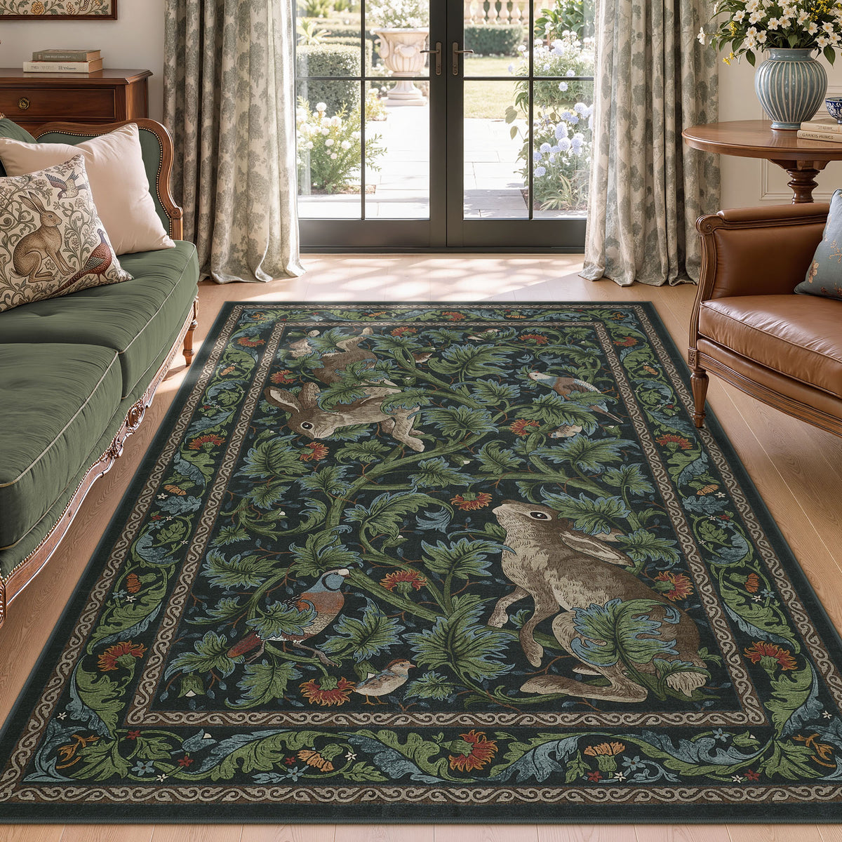 Forest Botanica Rabbit Washable Area Rug,Vintage Woodland Animal Print Low Pile Carpet