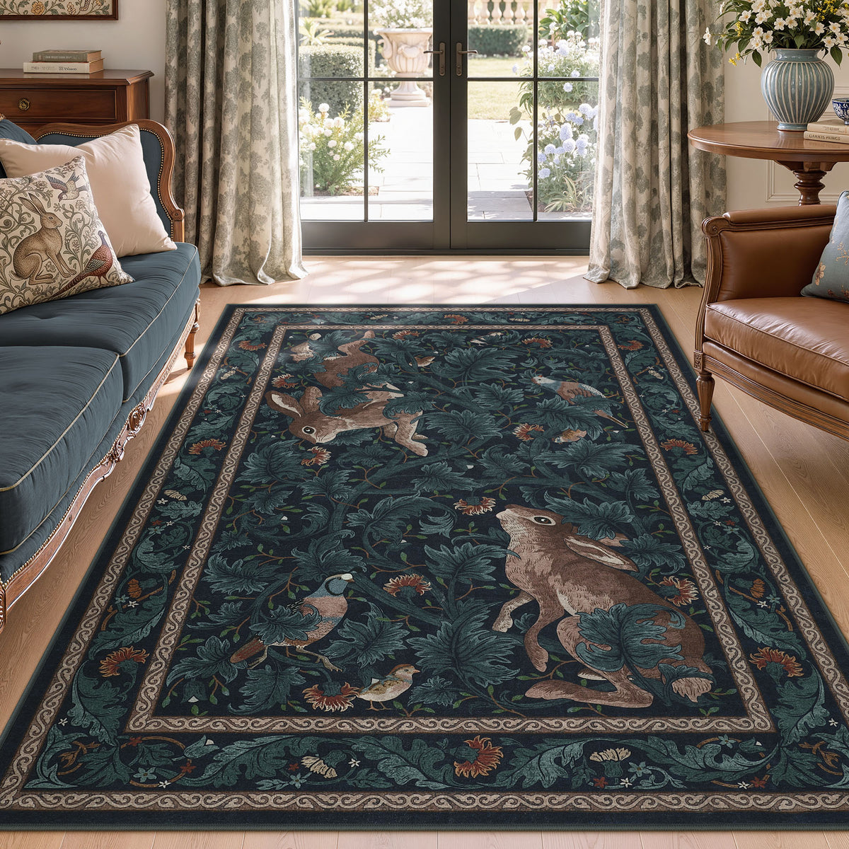 Forest Botanica Rabbit Washable Area Rug,Vintage Woodland Animal Print Low Pile Carpet