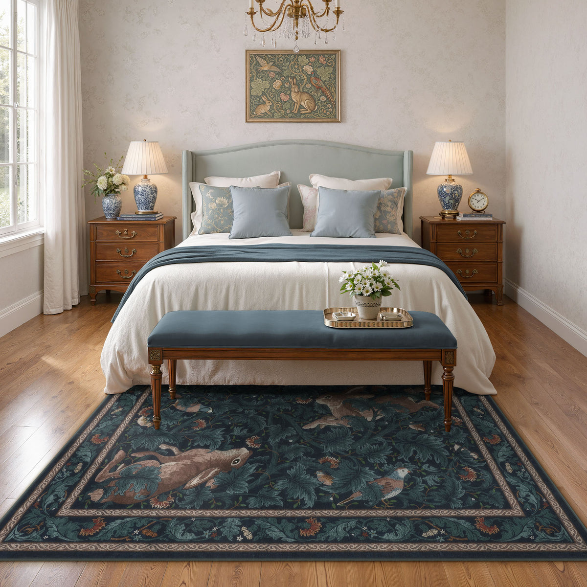 Forest Botanica Rabbit Washable Area Rug,Vintage Woodland Animal Print Low Pile Carpet