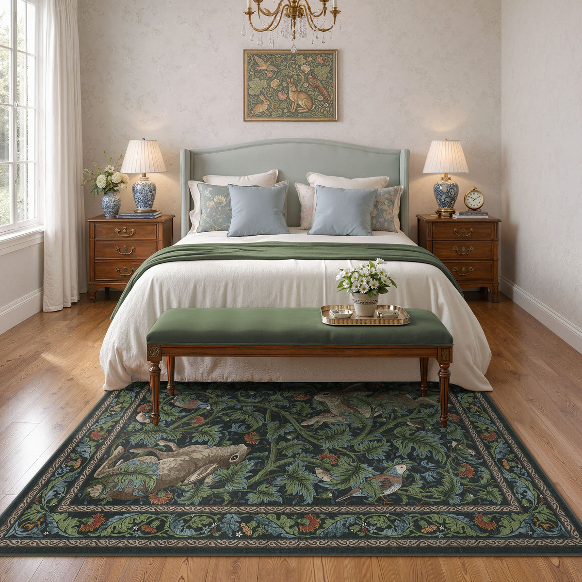 Forest Botanica Rabbit Washable Area Rug,Vintage Woodland Animal Print Low Pile Carpet