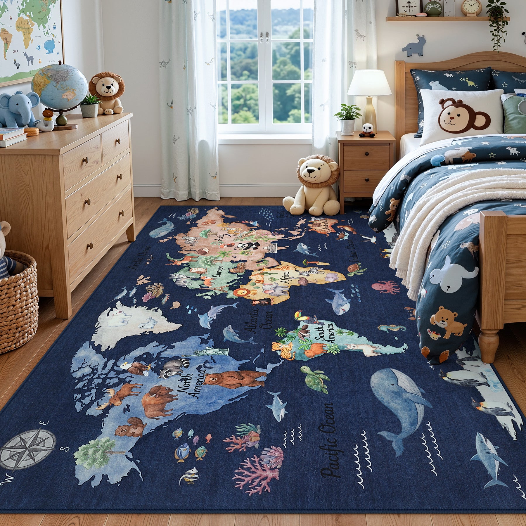 Kids Playroom Rug, Blue Washable World Map Rug – Soft Non-Slip Animal Ocean Play Mat