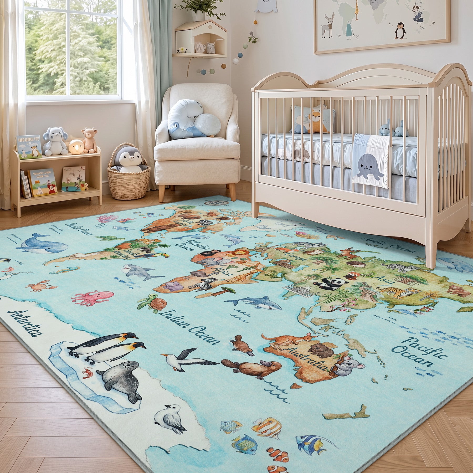 Kids Playroom Rug, Blue Washable World Map Rug – Soft Non-Slip Animal Ocean Play Mat