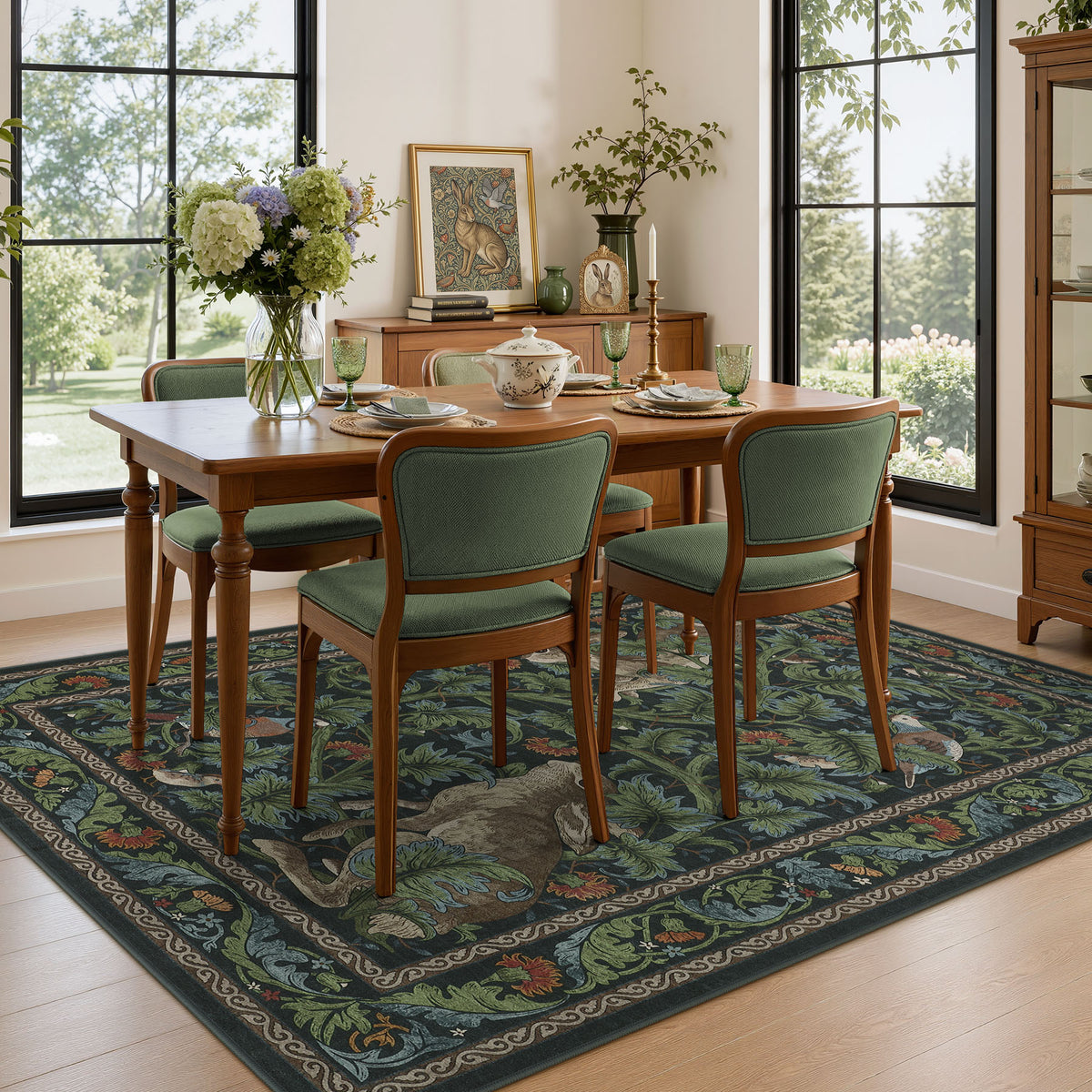 Forest Botanica Rabbit Washable Area Rug,Vintage Woodland Animal Print Low Pile Carpet