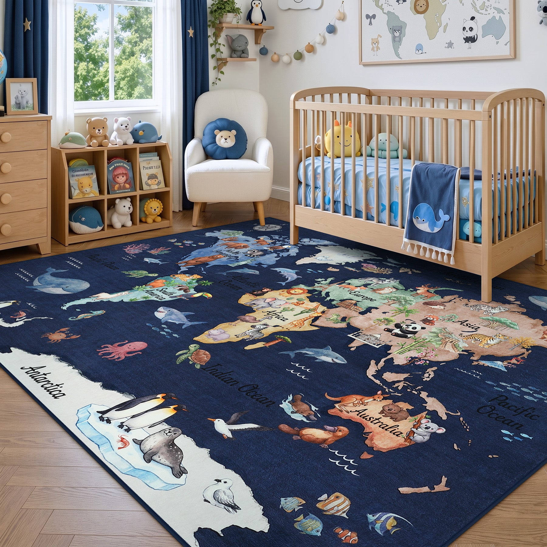Kids Playroom Rug, Blue Washable World Map Rug – Soft Non-Slip Animal Ocean Play Mat