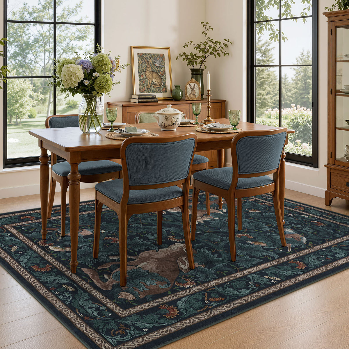 Forest Botanica Rabbit Washable Area Rug,Vintage Woodland Animal Print Low Pile Carpet