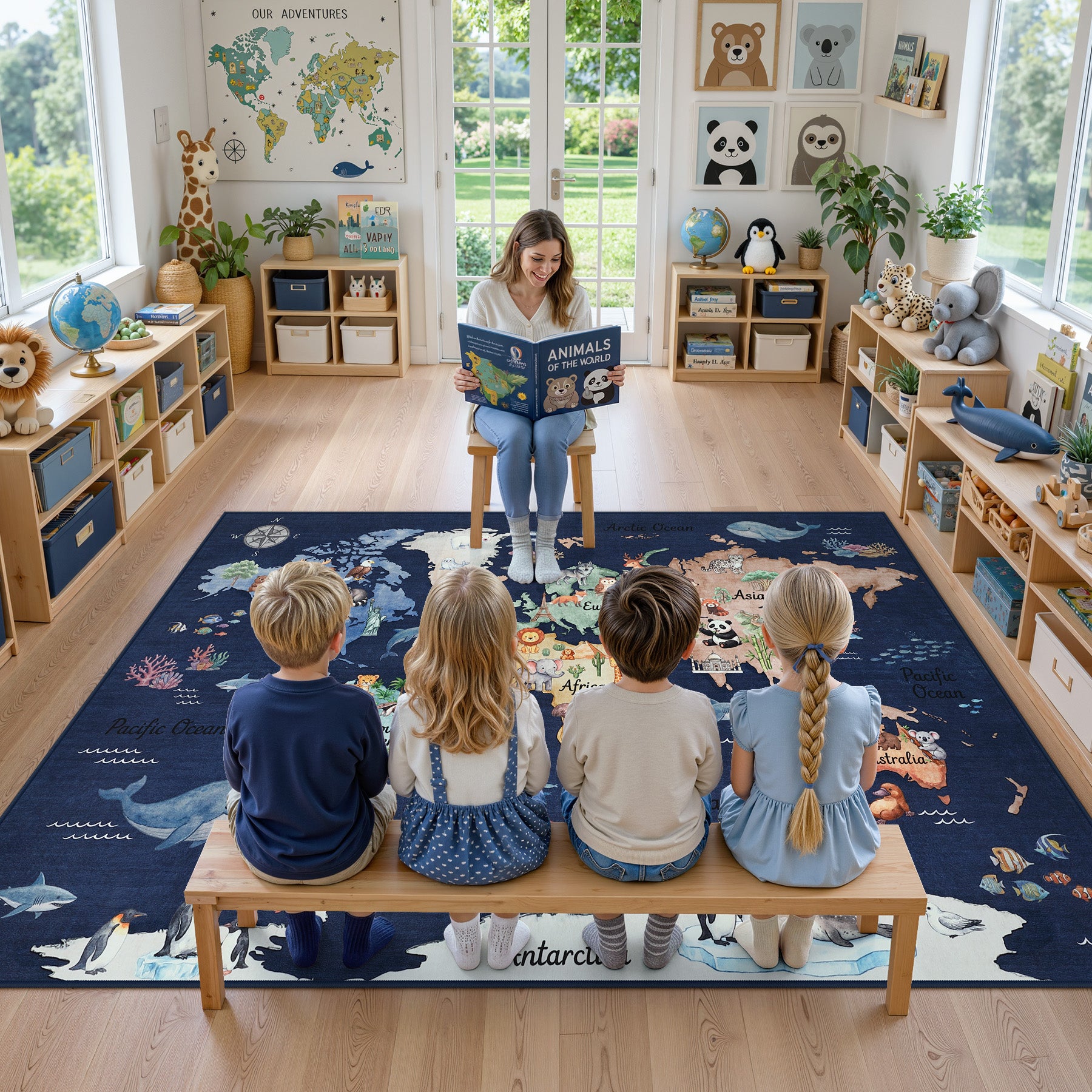 Kids Playroom Rug, Blue Washable World Map Rug – Soft Non-Slip Animal Ocean Play Mat