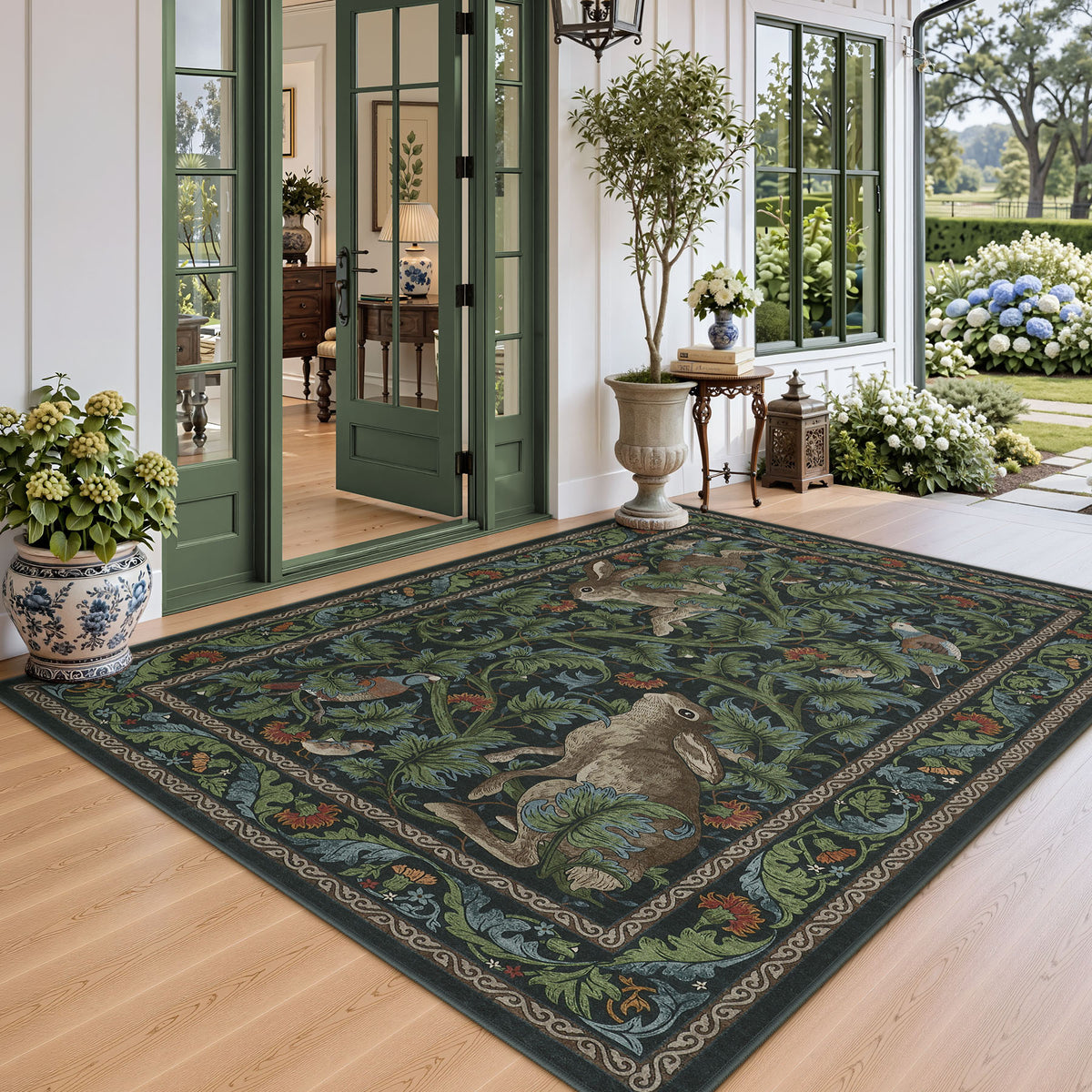 Forest Botanica Rabbit Washable Area Rug,Vintage Woodland Animal Print Low Pile Carpet