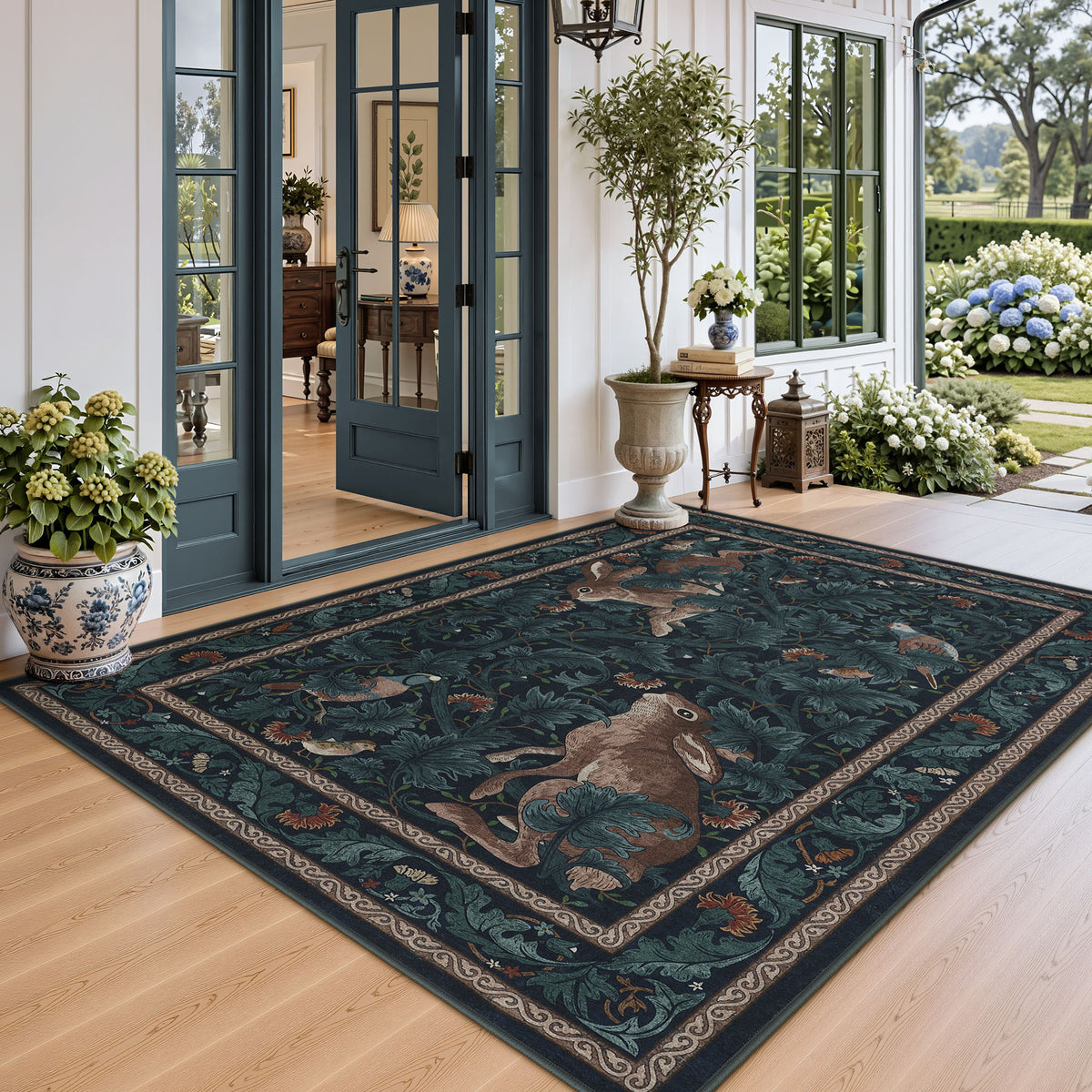 Forest Botanica Rabbit Washable Area Rug,Vintage Woodland Animal Print Low Pile Carpet