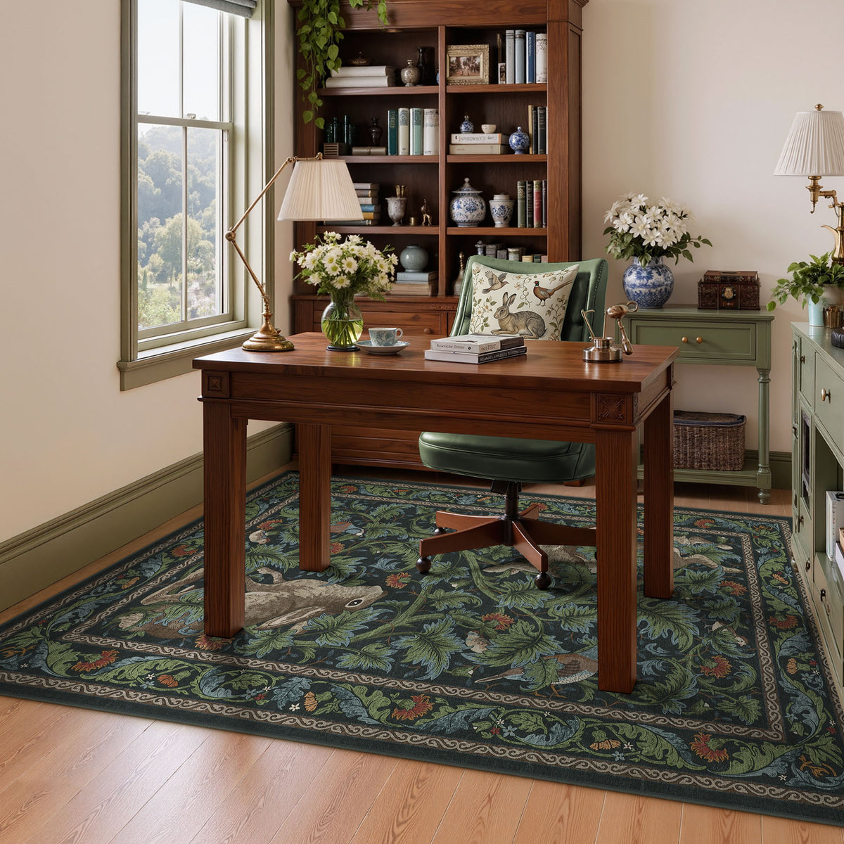 Forest Botanica Rabbit Washable Area Rug,Vintage Woodland Animal Print Low Pile Carpet