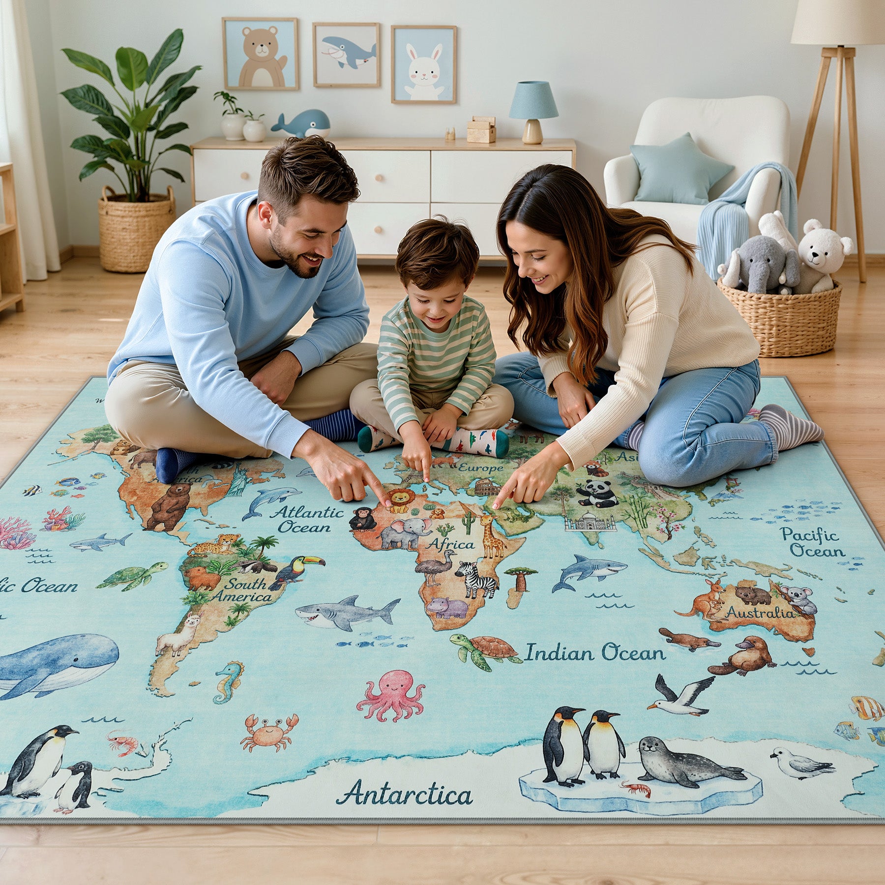 Kids Playroom Rug, Blue Washable World Map Rug – Soft Non-Slip Animal Ocean Play Mat