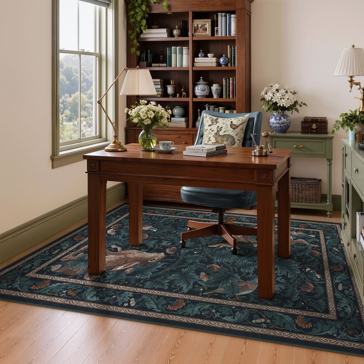 Forest Botanica Rabbit Washable Area Rug,Vintage Woodland Animal Print Low Pile Carpet