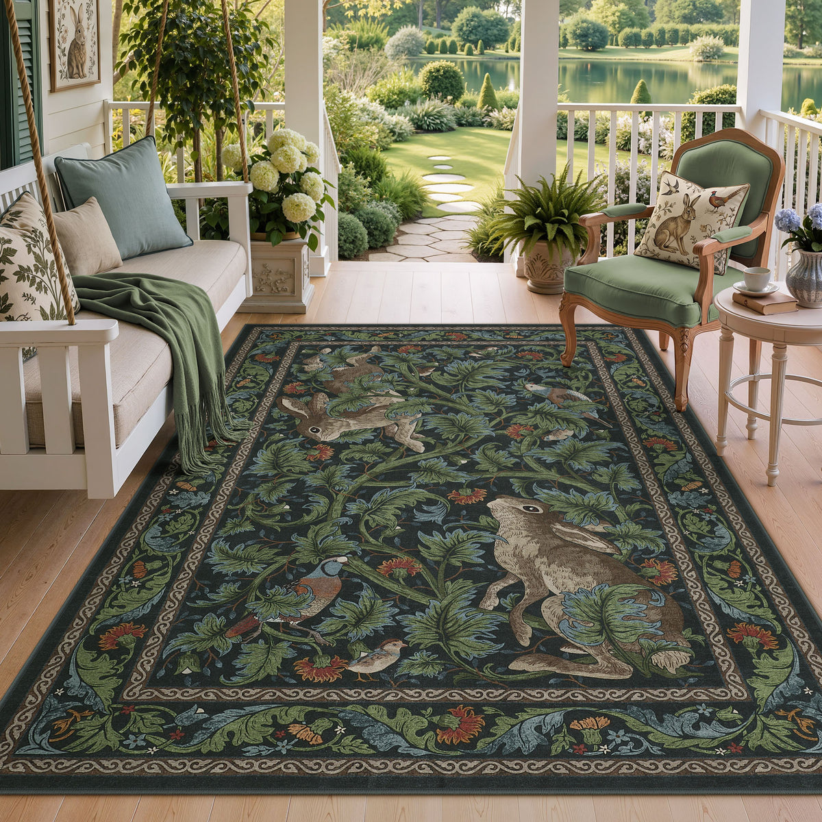 Forest Botanica Rabbit Washable Area Rug,Vintage Woodland Animal Print Low Pile Carpet