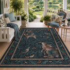 Forest Botanica Rabbit Washable Area Rug,Vintage Woodland Animal Print Low Pile Carpet