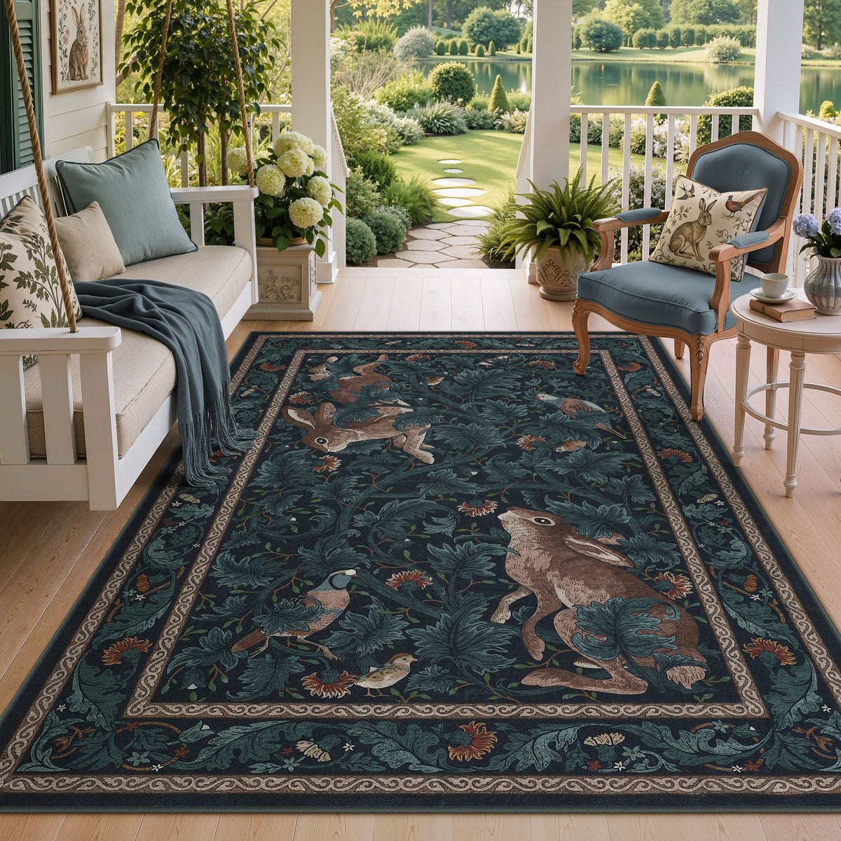 Forest Botanica Rabbit Washable Area Rug,Vintage Woodland Animal Print Low Pile Carpet