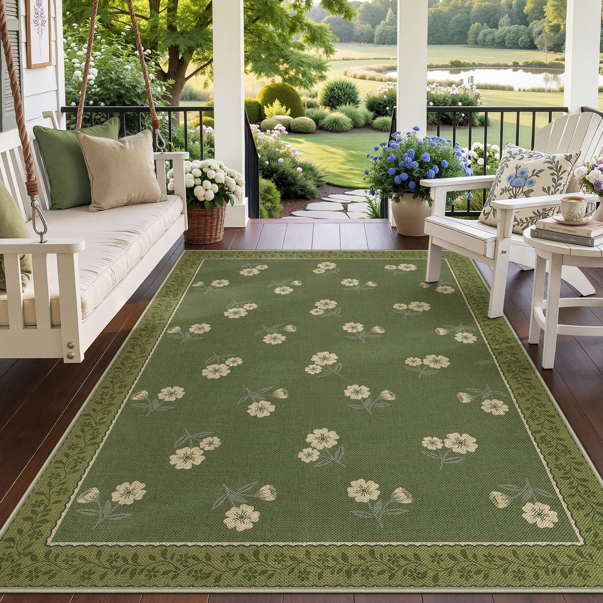 Farmhouse Floral Easy Jute Rug Washable Indoor Outdoor Low-Pile Area Rug