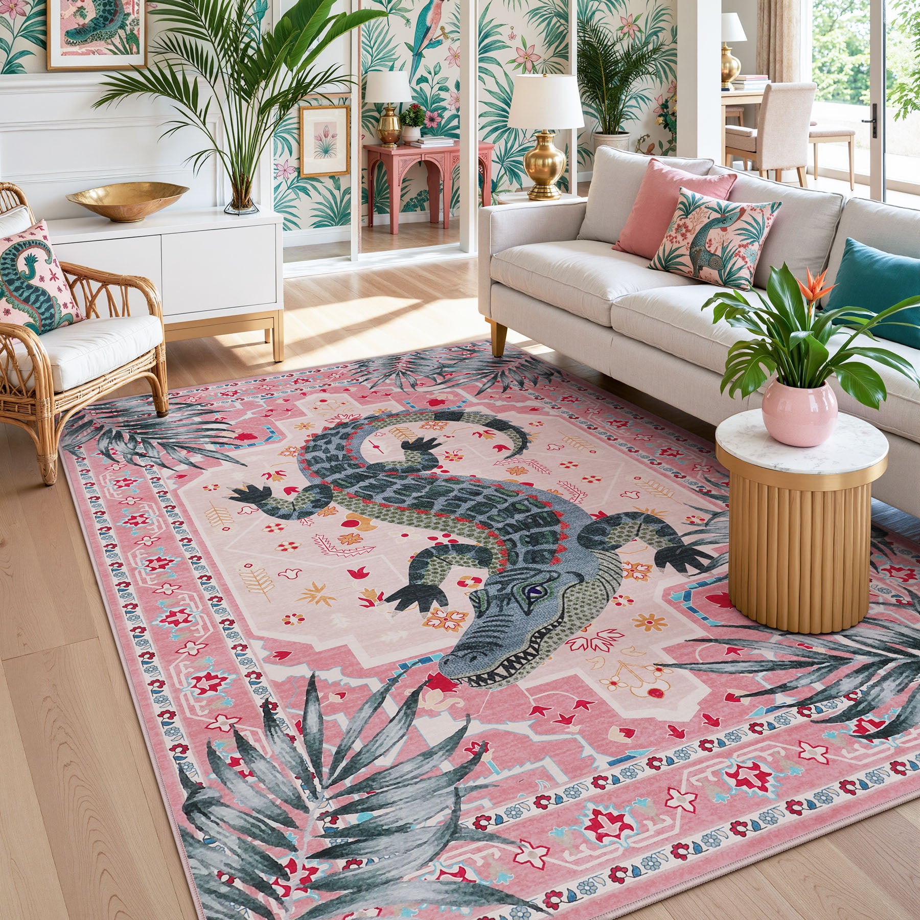 Vintage Alligator Print Area Rug, Washable Non-Slip Soft Low-Pile Carpet, Bedroom Living Room Kids