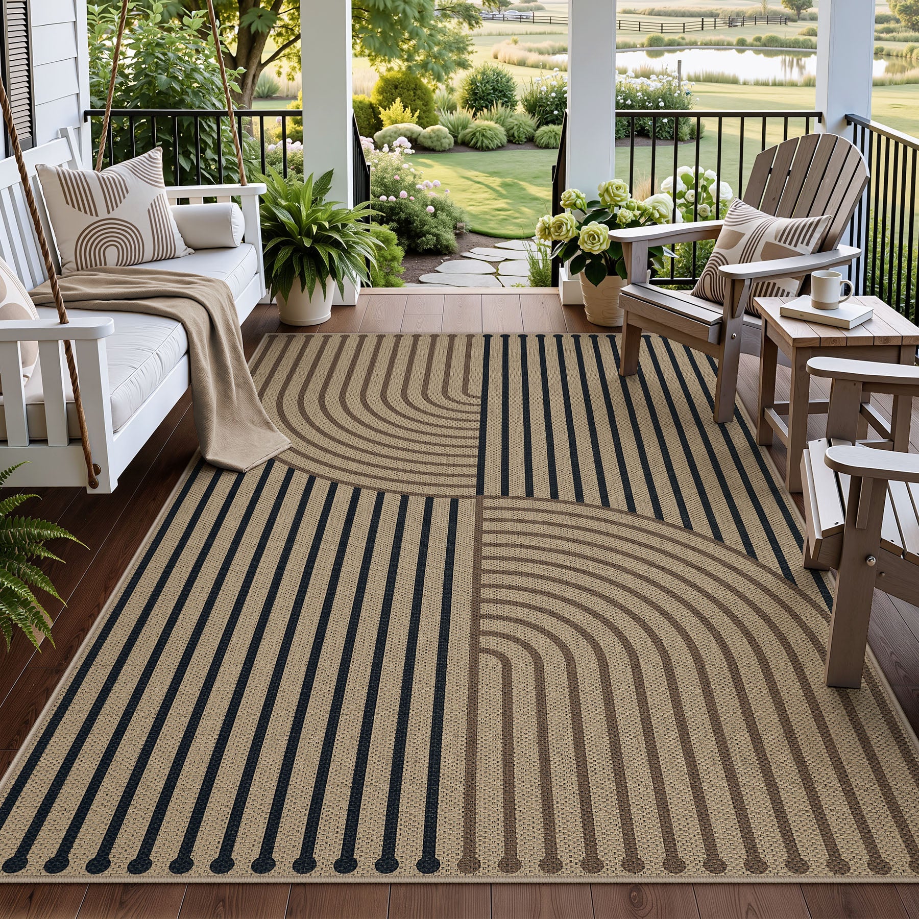 Boho Jute Washable Area Rug, Non-Slip Neutral Abstract, Indoor Outdoor Entryway Kitchen Patio Rug