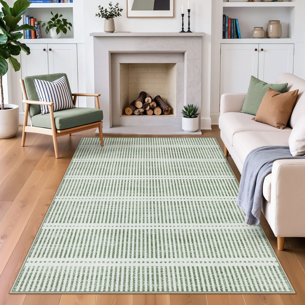 3x5/5x7 Ultra Thin Washable Area Rugs, Modern Non-Slip Striped Farmhouse Soft Indoor Carpet for Bedside Living Room, Oeko-Tex Certified