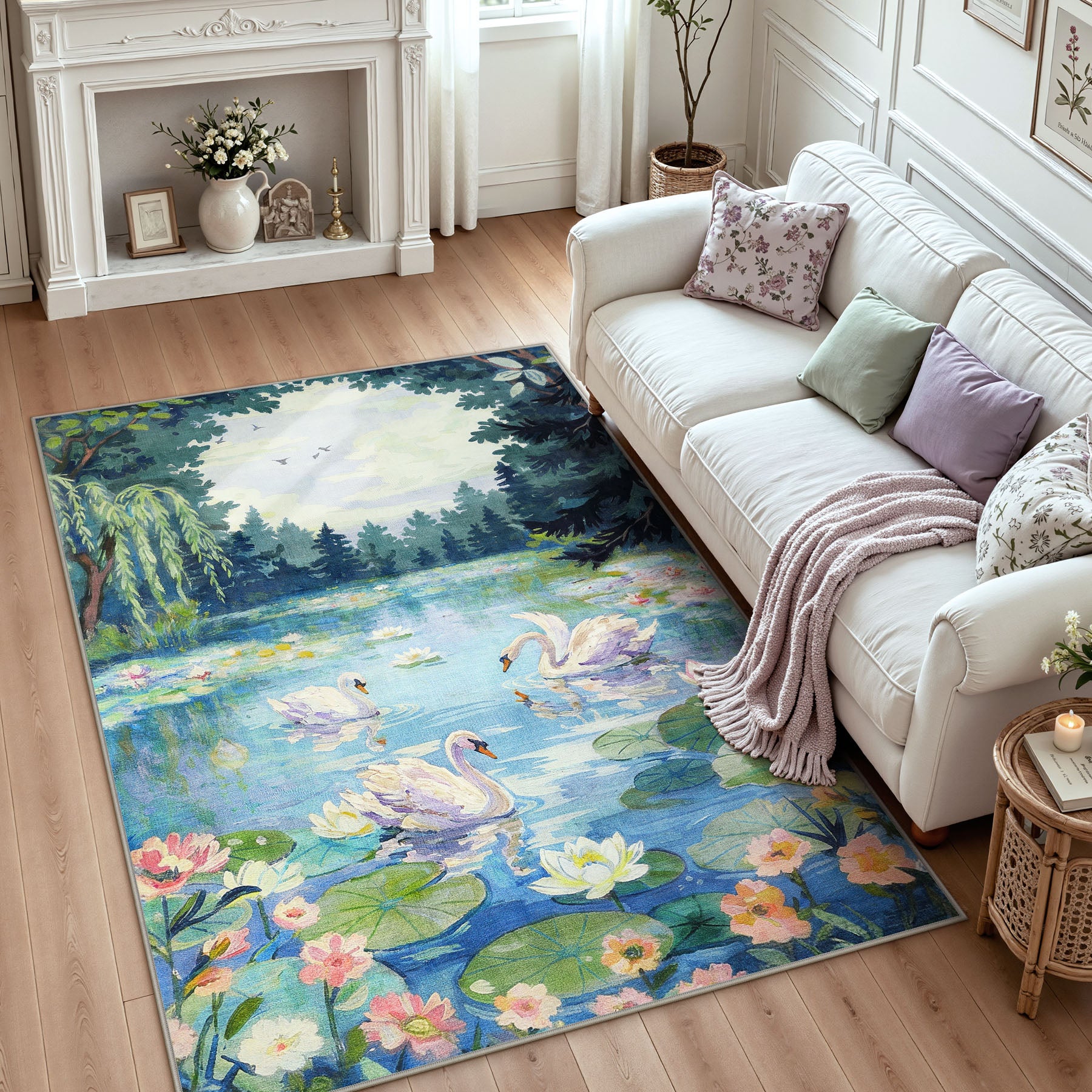 3x5/5x7 Swan Lake in oil painting style Area Rugs, Washable Living Room Runner Soft Non Slip Carpet, Oeko-Tex Certified