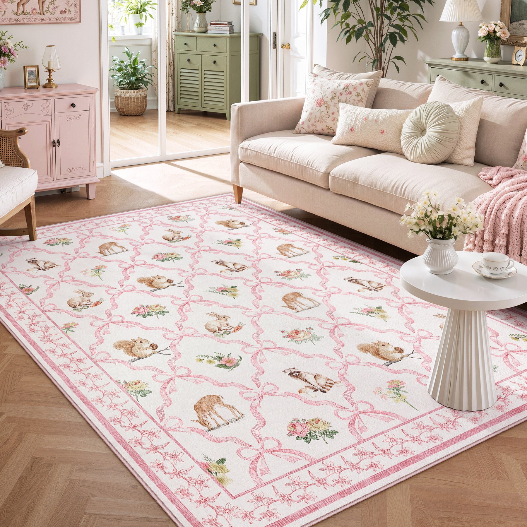 3x5/5x7 Boho Animal Floral Area Rugs for Living Room, Bow Soft Washable Non-Slip Low Pile Carpet, Oeko-Tex Certified