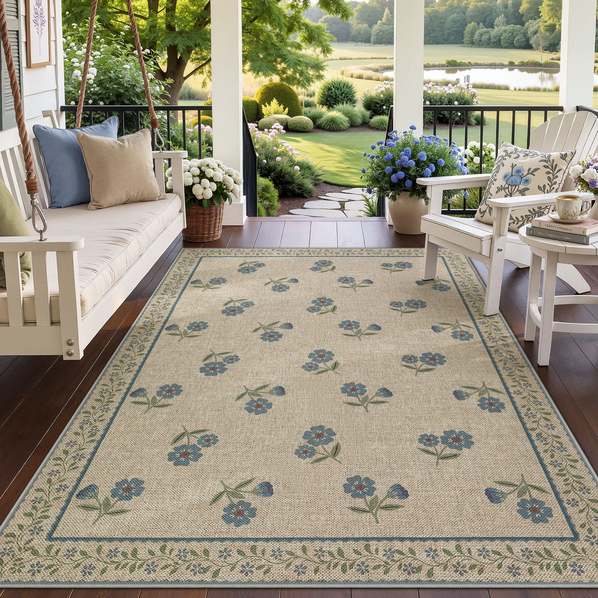 Farmhouse Floral Easy Jute Rug Washable Indoor Outdoor Low-Pile Area Rug