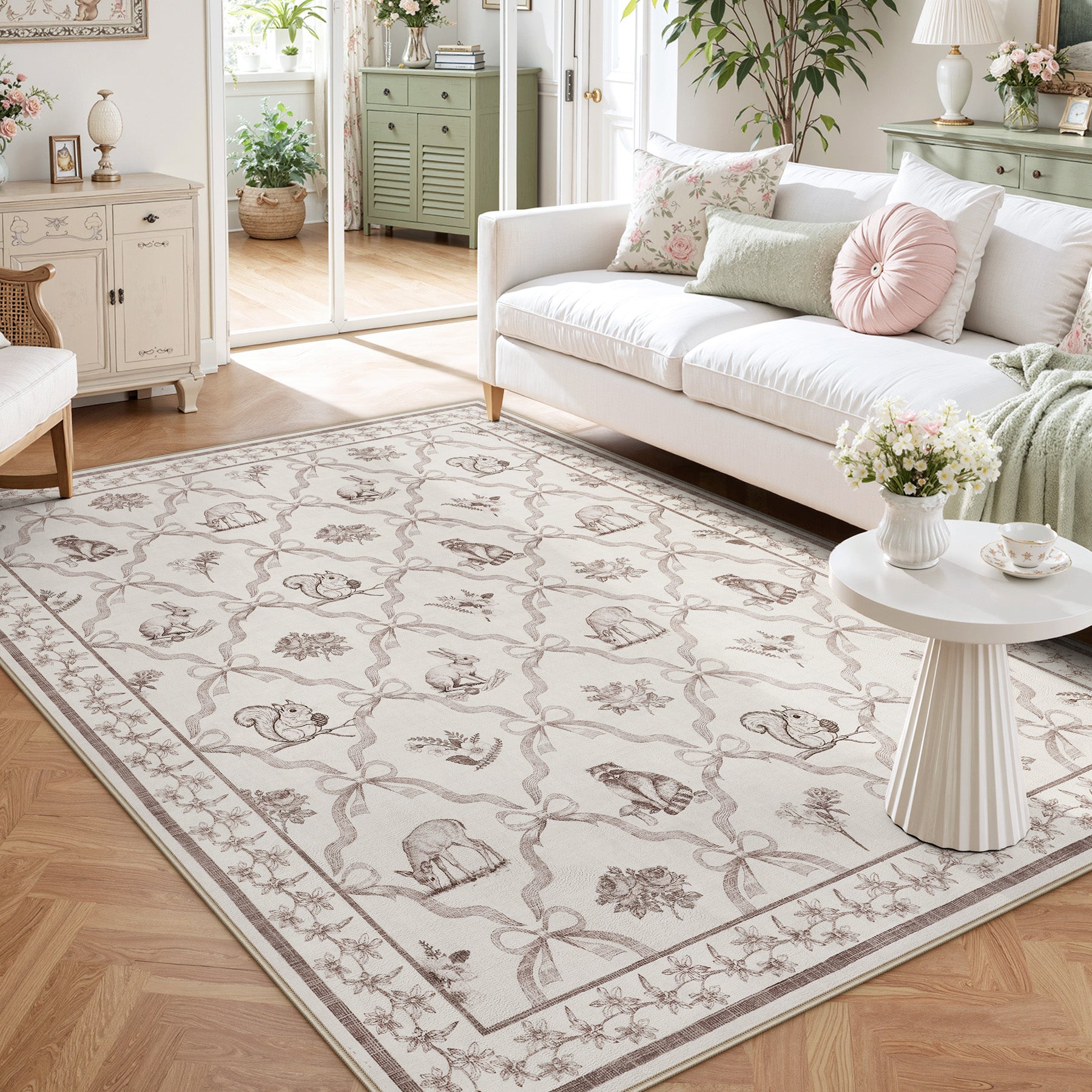 3x5/5x7 Boho Animal Floral Area Rugs for Living Room, Bow Soft Washable Non-Slip Low Pile Carpet, Oeko-Tex Certified