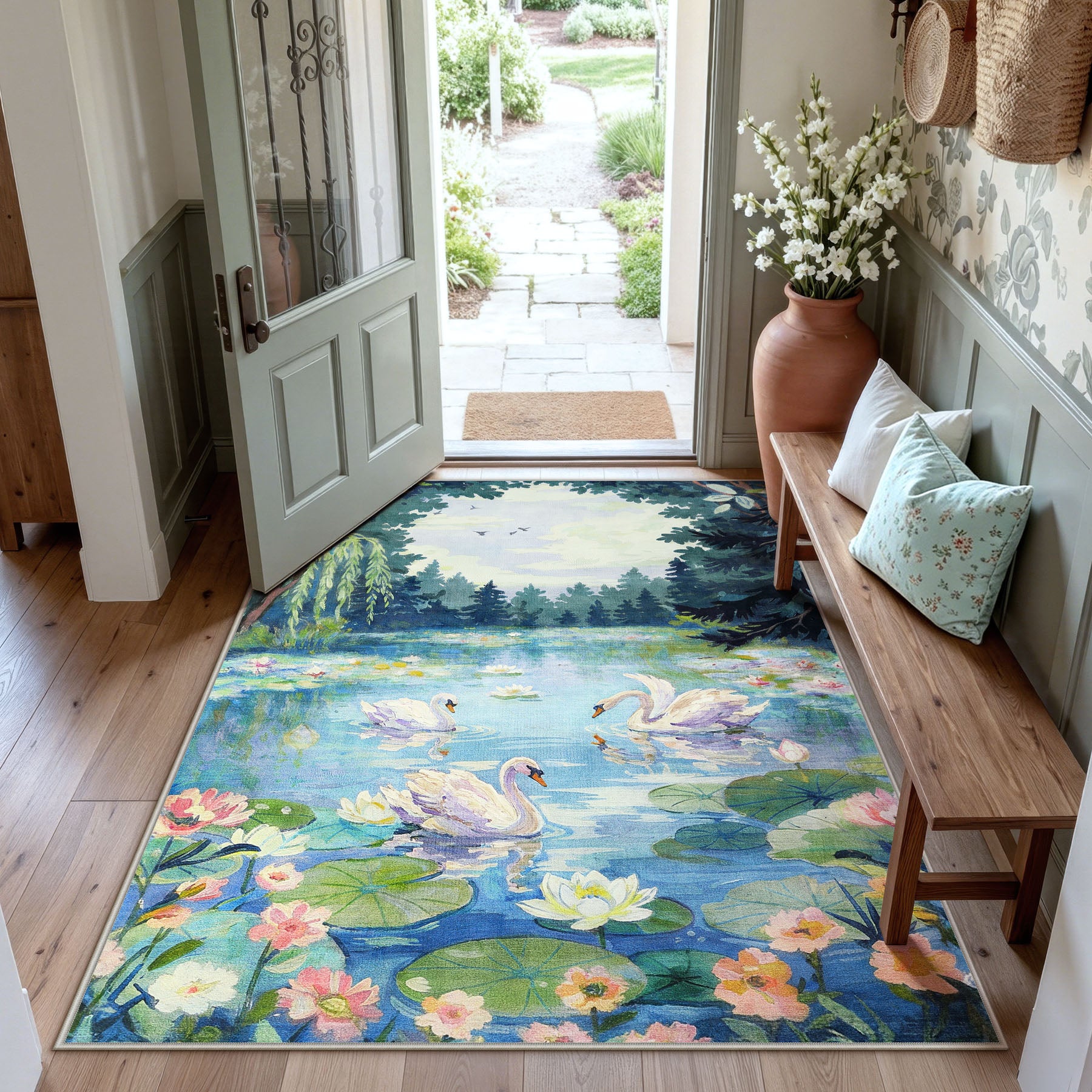 3x5/5x7 Swan Lake in oil painting style Area Rugs, Washable Living Room Runner Soft Non Slip Carpet, Oeko-Tex Certified