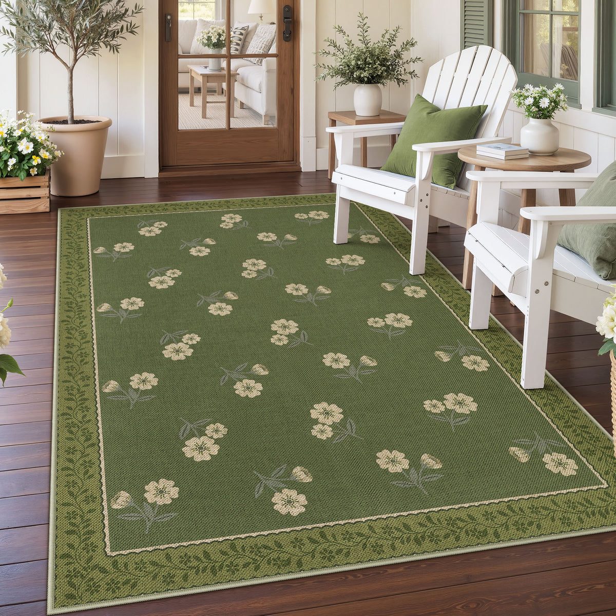 Farmhouse Floral Easy Jute Rug Washable Indoor Outdoor Low-Pile Area Rug