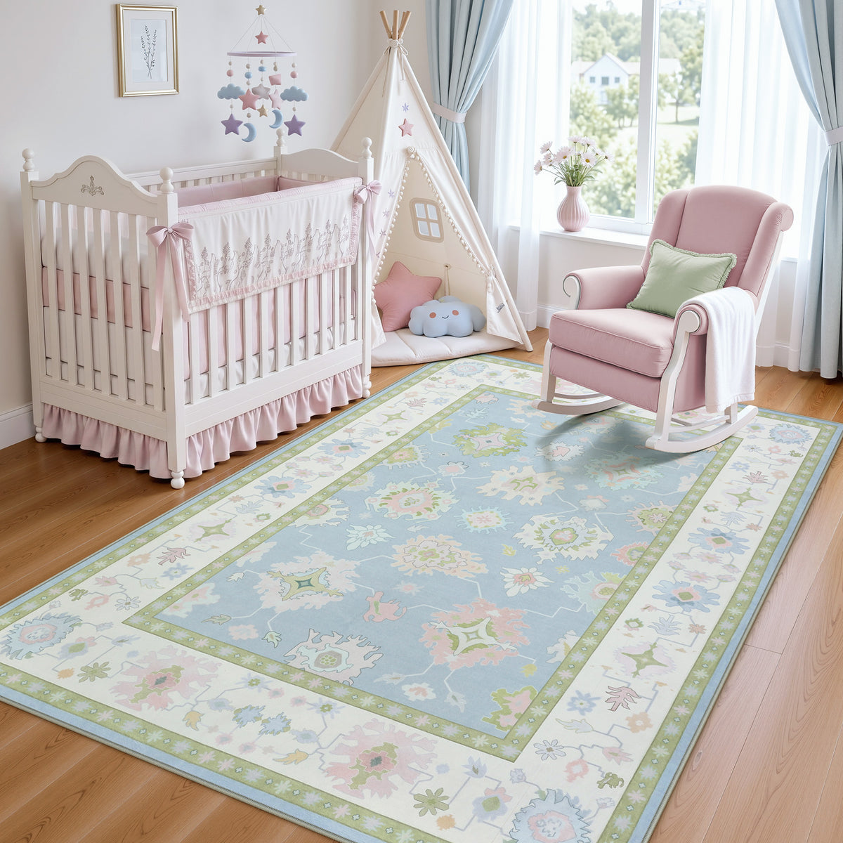 Boho Oushak Area Rug#Color_Blue Pink