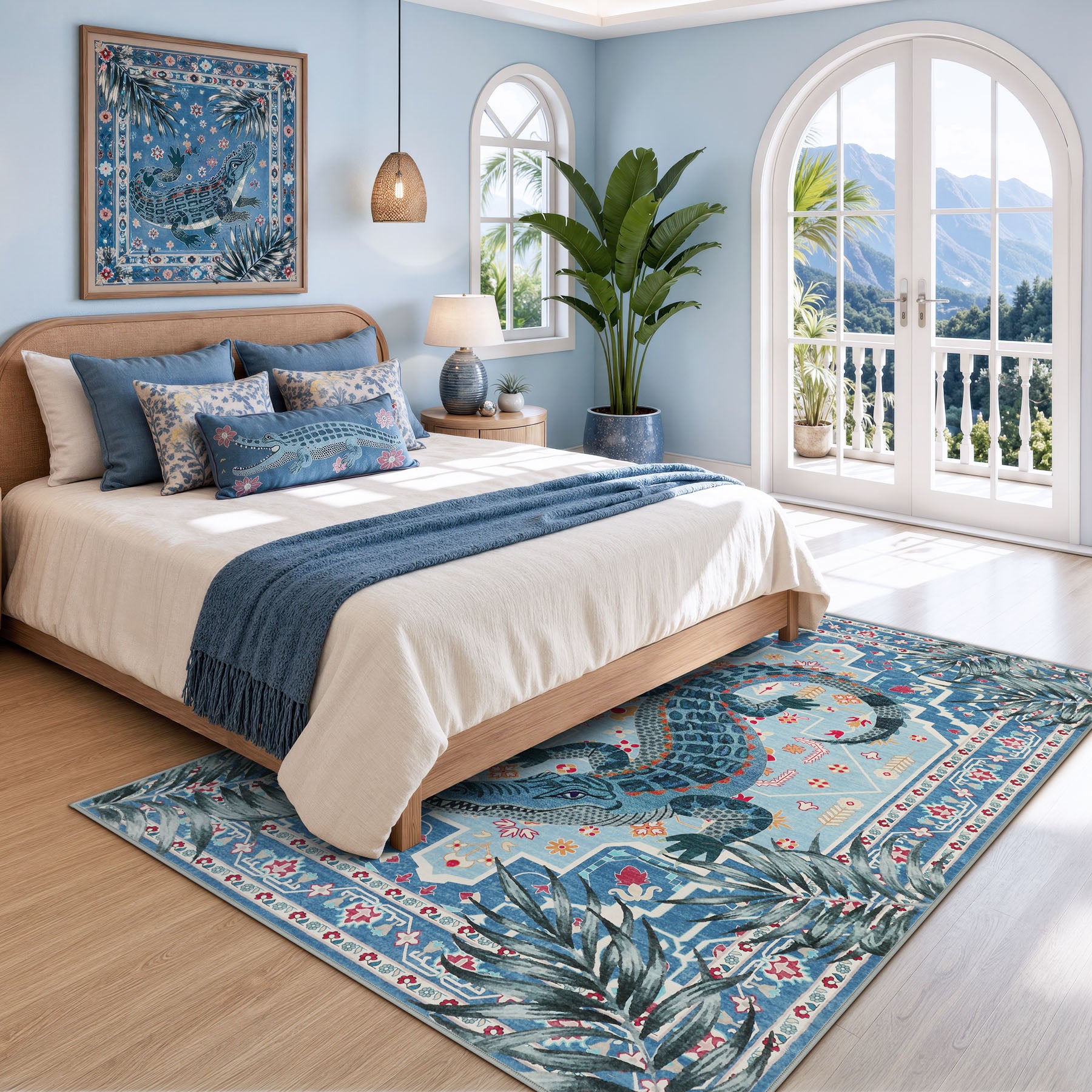 Vintage Alligator Print Area Rug, Washable Non-Slip Soft Low-Pile Carpet, Bedroom Living Room Kids