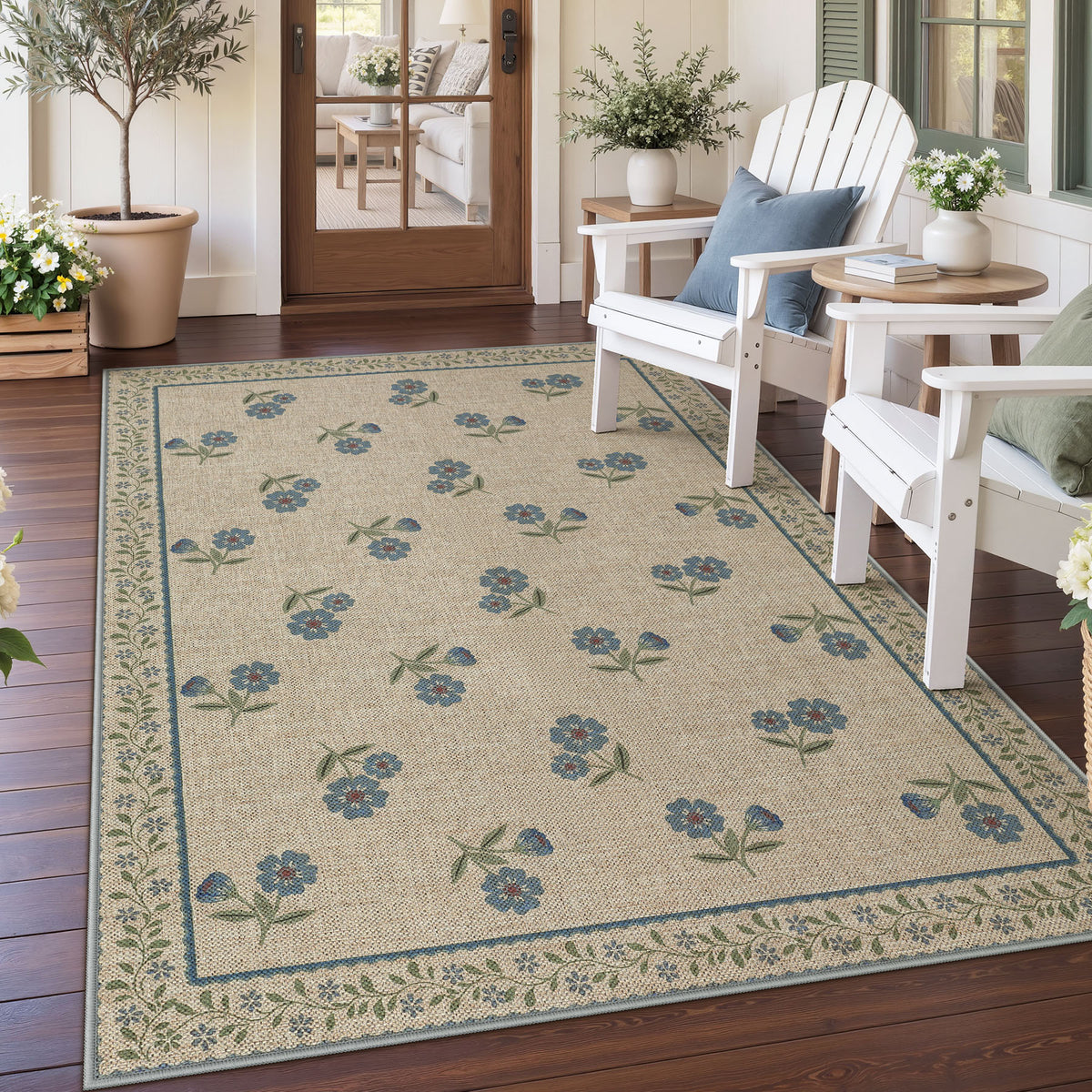 Farmhouse Floral Easy Jute Rug Washable Indoor Outdoor Low-Pile Area Rug