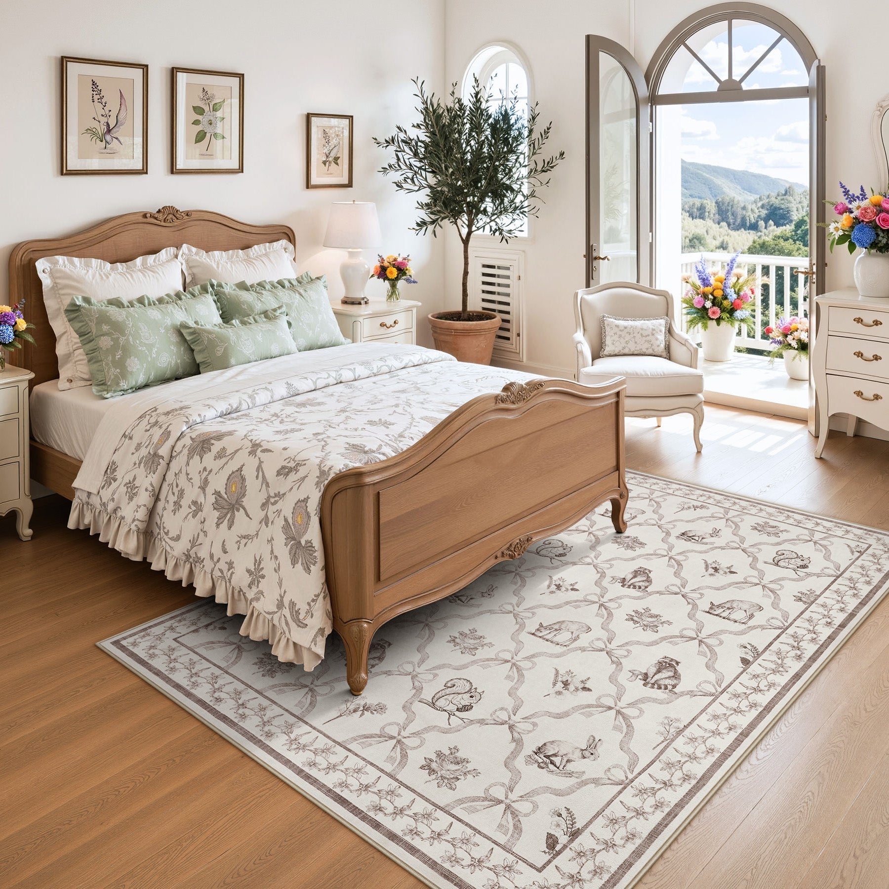 3x5/5x7 Boho Animal Floral Area Rugs for Living Room, Bow Soft Washable Non-Slip Low Pile Carpet, Oeko-Tex Certified