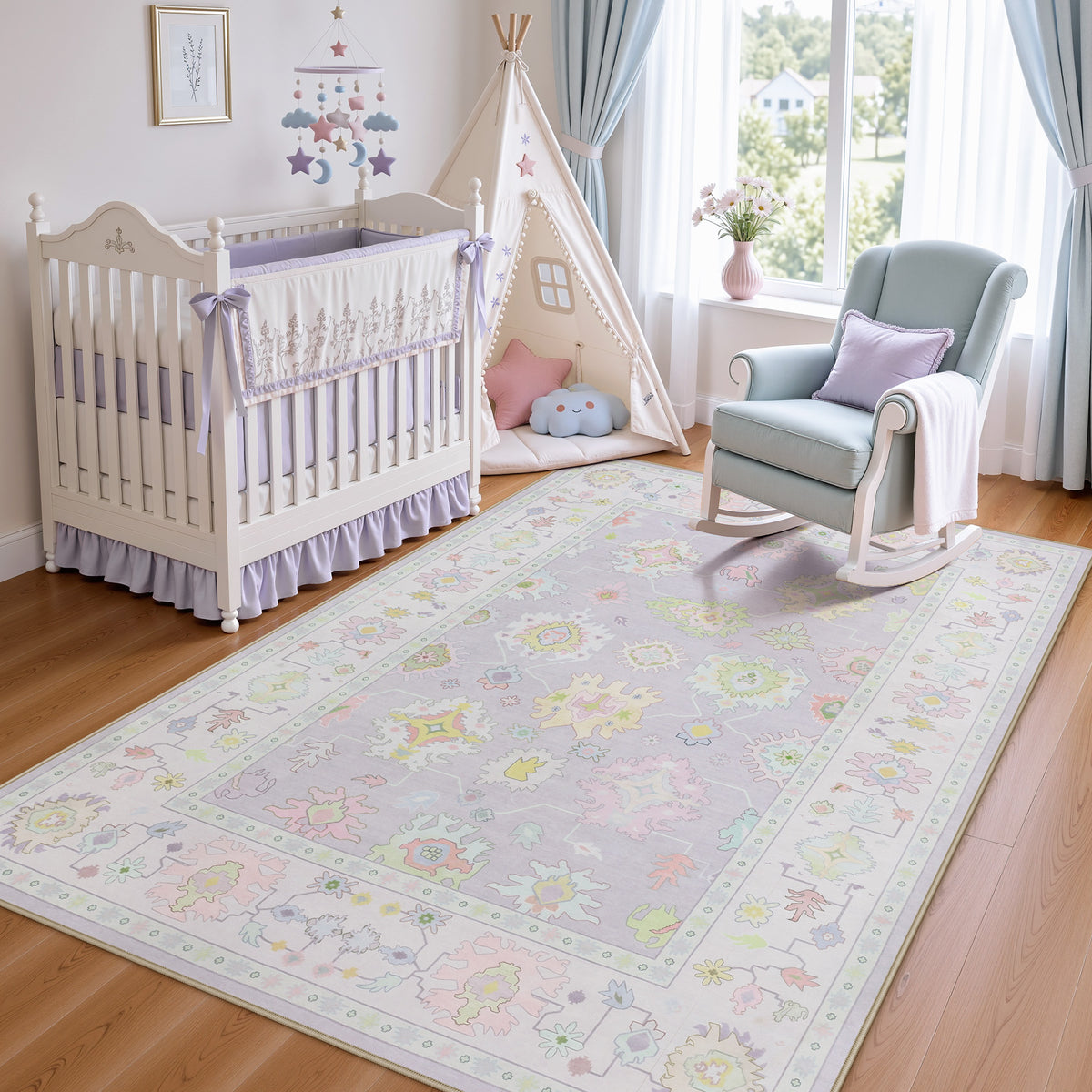 5x7/8x10/9x12 Boho Oushak Area Rug, Floral Washable Non Slip Low Pile Area Rug, Oeko-Tex Certified