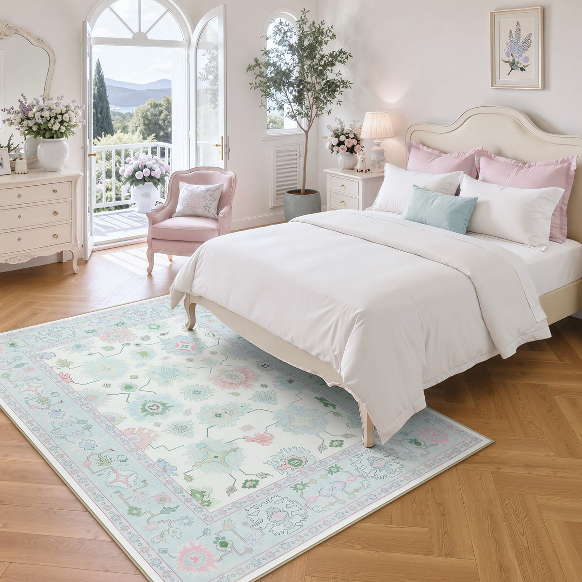 5x7/8x10/9x12 Boho Oushak Area Rug, Floral Washable Non Slip Low Pile Area Rug, Oeko-Tex Certified